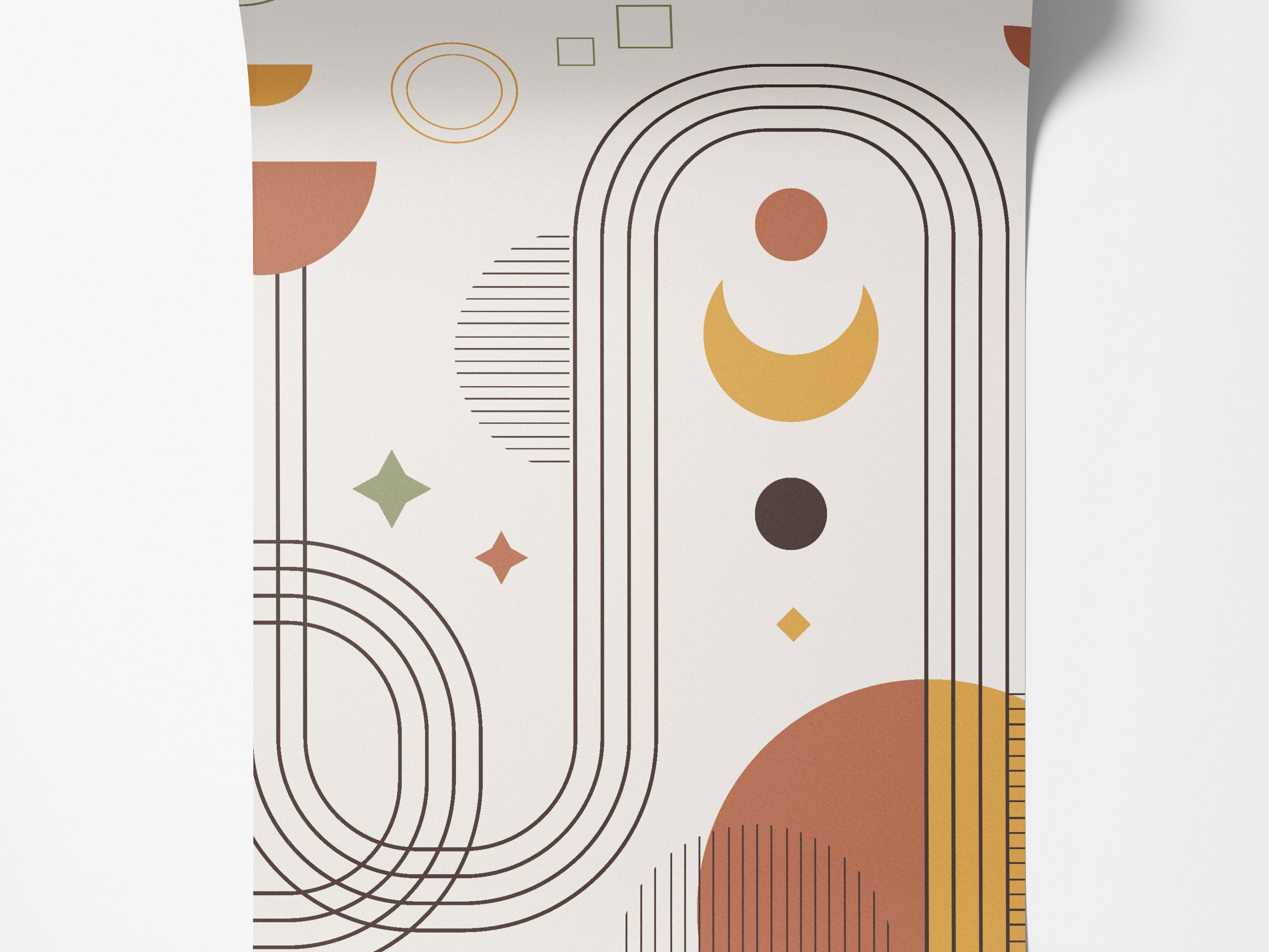 Abstract geometric wallpaper with brown arches, lines, terracotta and yellow circles, and green accents on an off-white background.