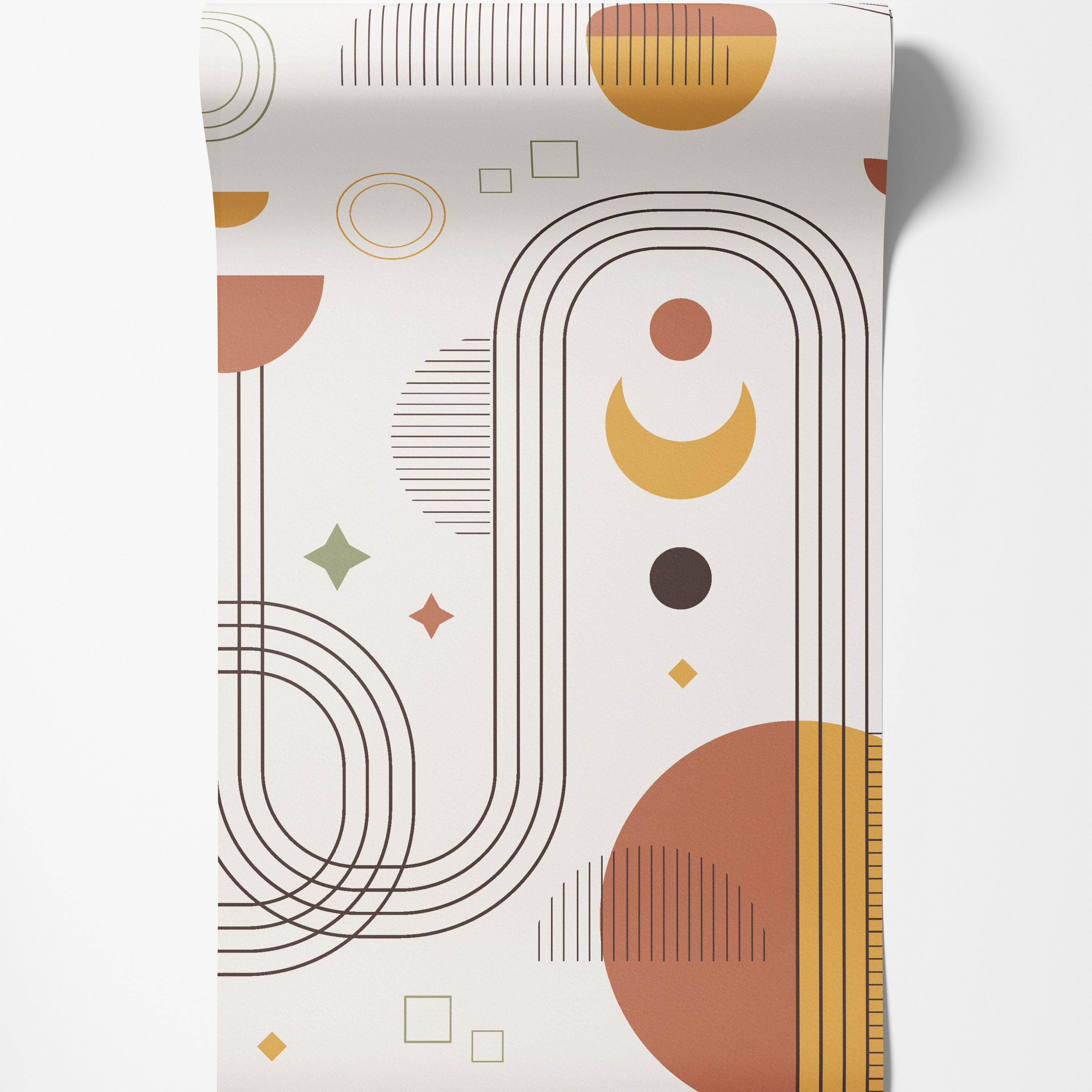 Abstract geometric wallpaper with brown arches, lines, terracotta and yellow circles, and green accents on an off-white background.
