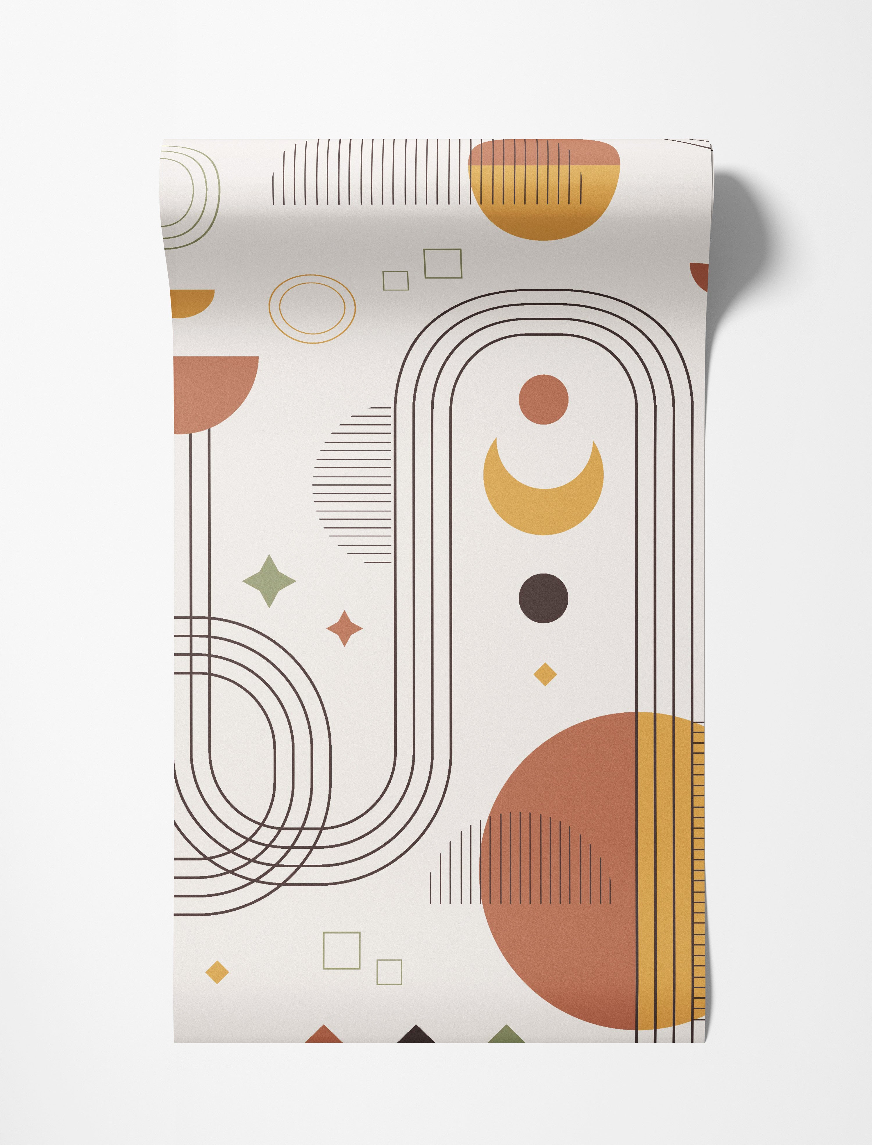 Abstract geometric wallpaper with brown arches, lines, terracotta and yellow circles, and green accents on an off-white background.