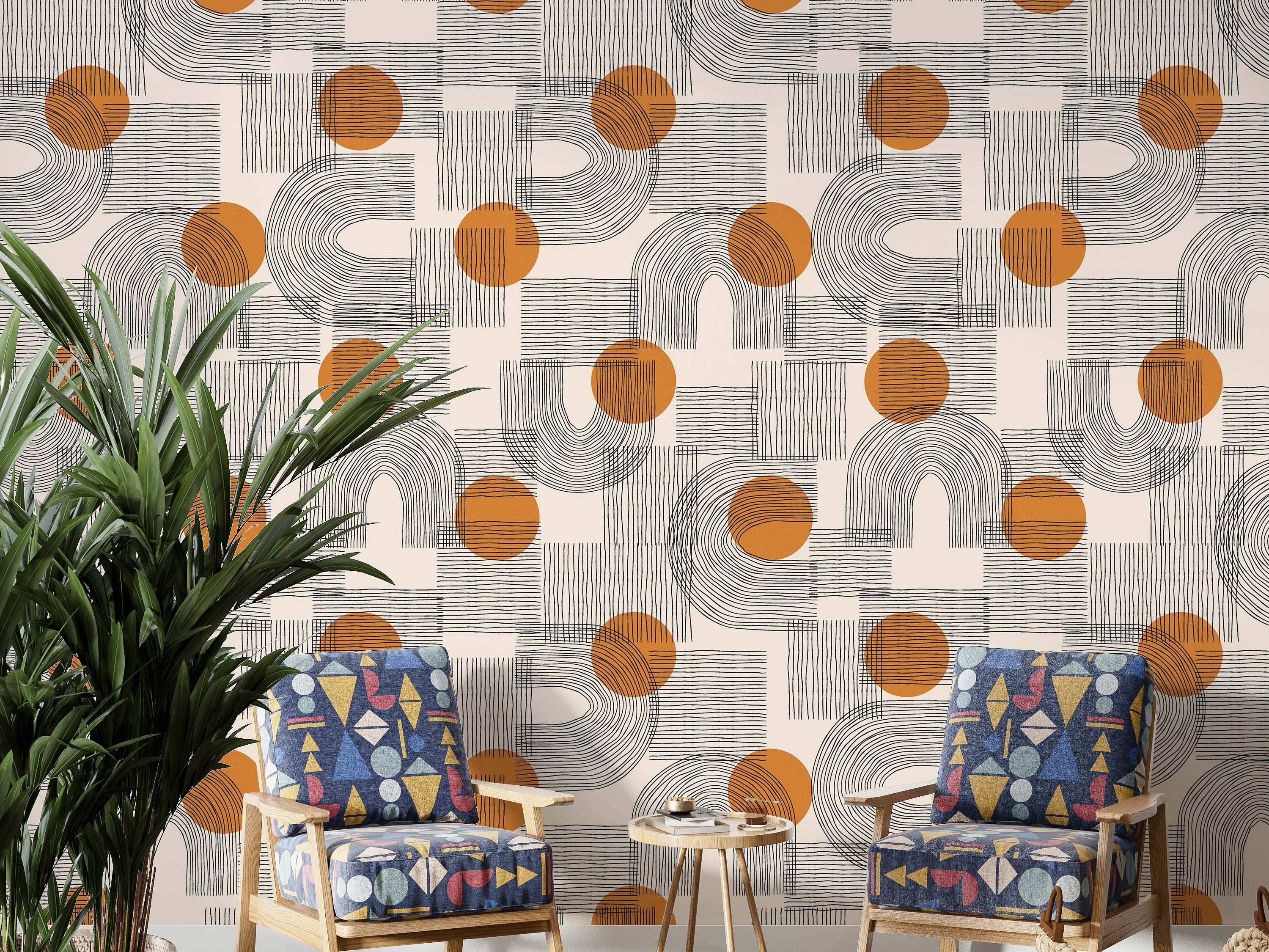 Geometric wallpaper featuring orange circles, black hand-drawn lines forming arches and linear blocks, on a cream background.