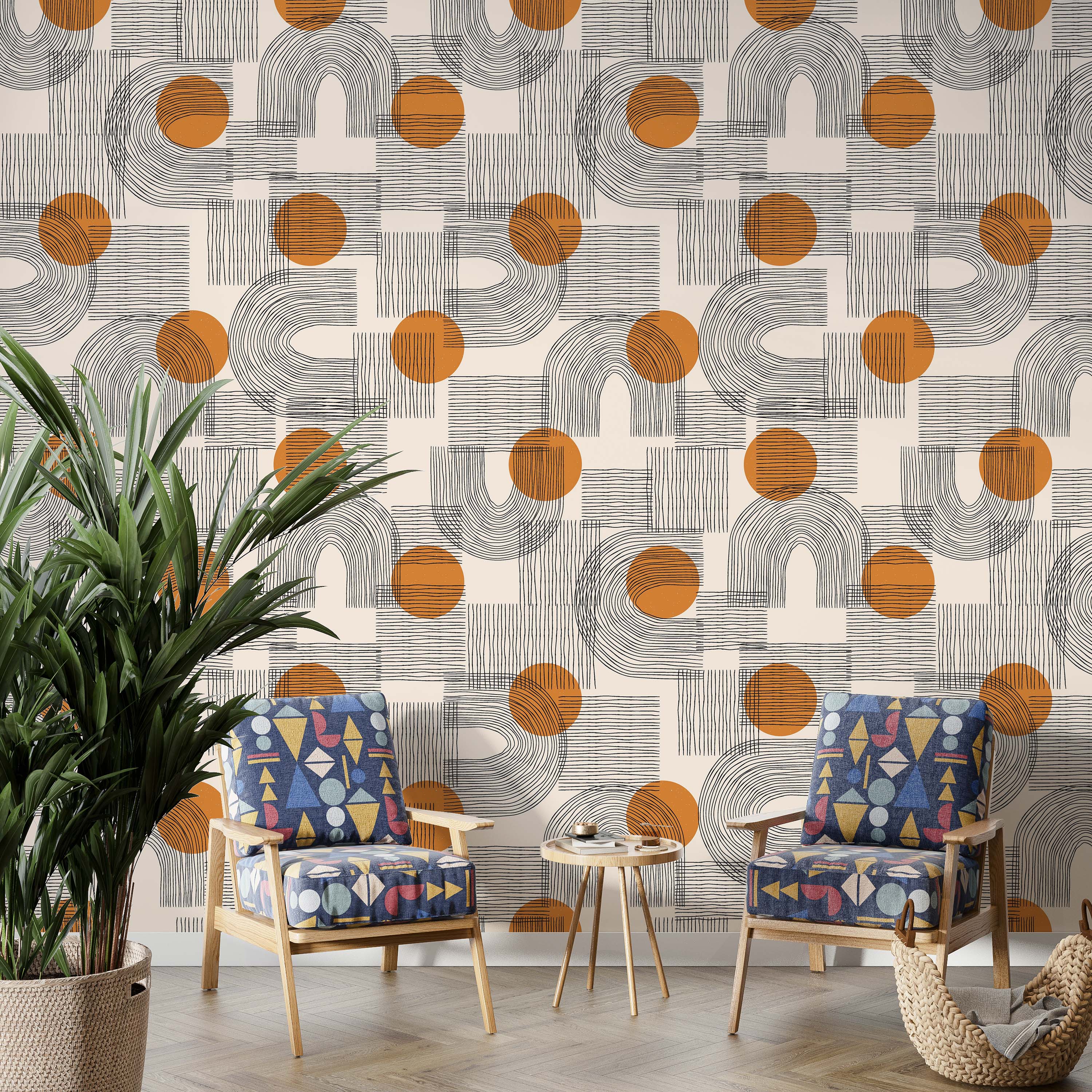 Geometric wallpaper featuring orange circles, black hand-drawn lines forming arches and linear blocks, on a cream background.