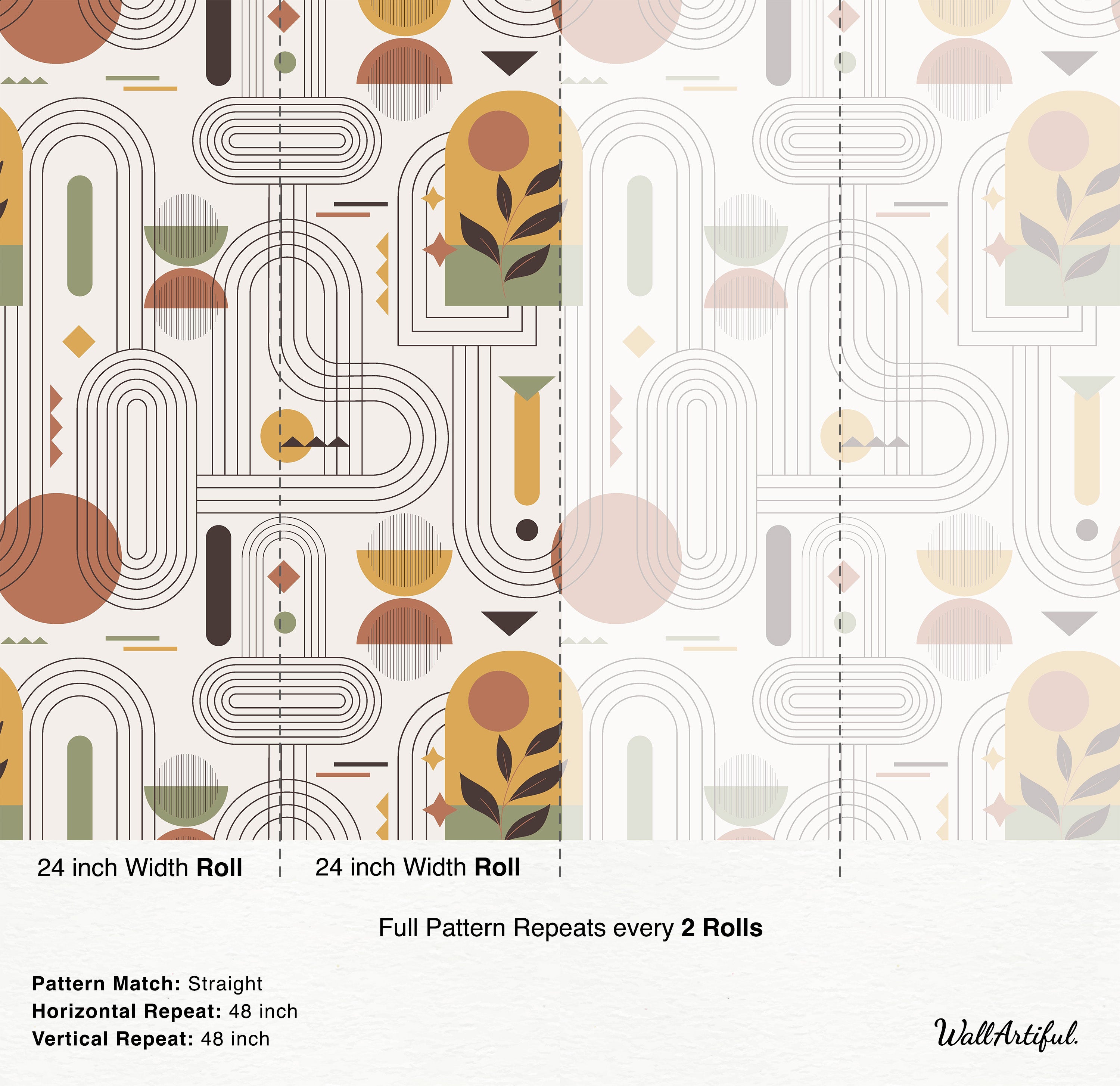 Abstract geometric wallpaper with overlapping arches, ovals, and lines in terracotta, olive, ochre, pink, and black/gray.