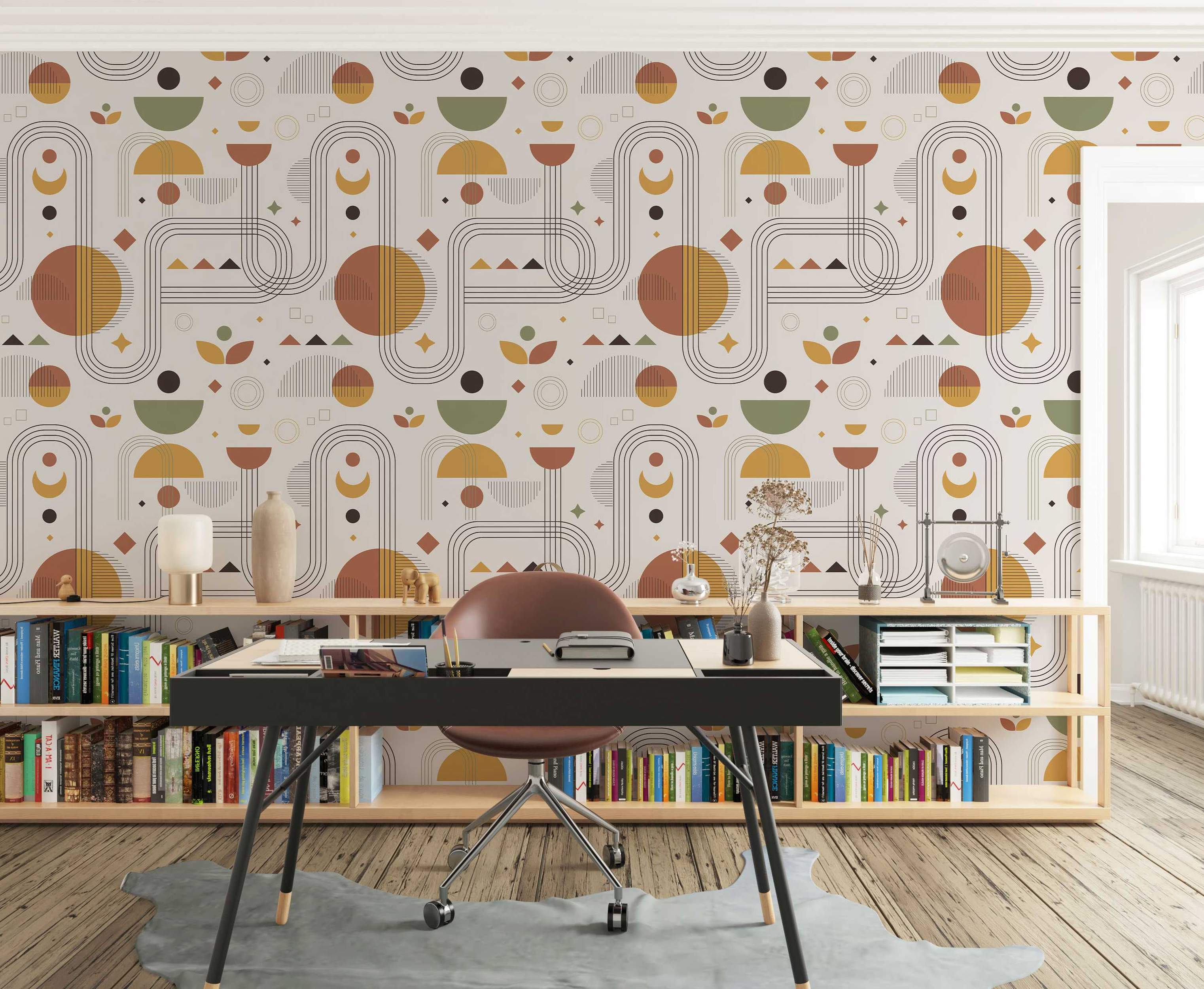 Repeating wallpaper pattern with geometric shapes like arches and circles in earthy yellow, green, and terracotta hues.