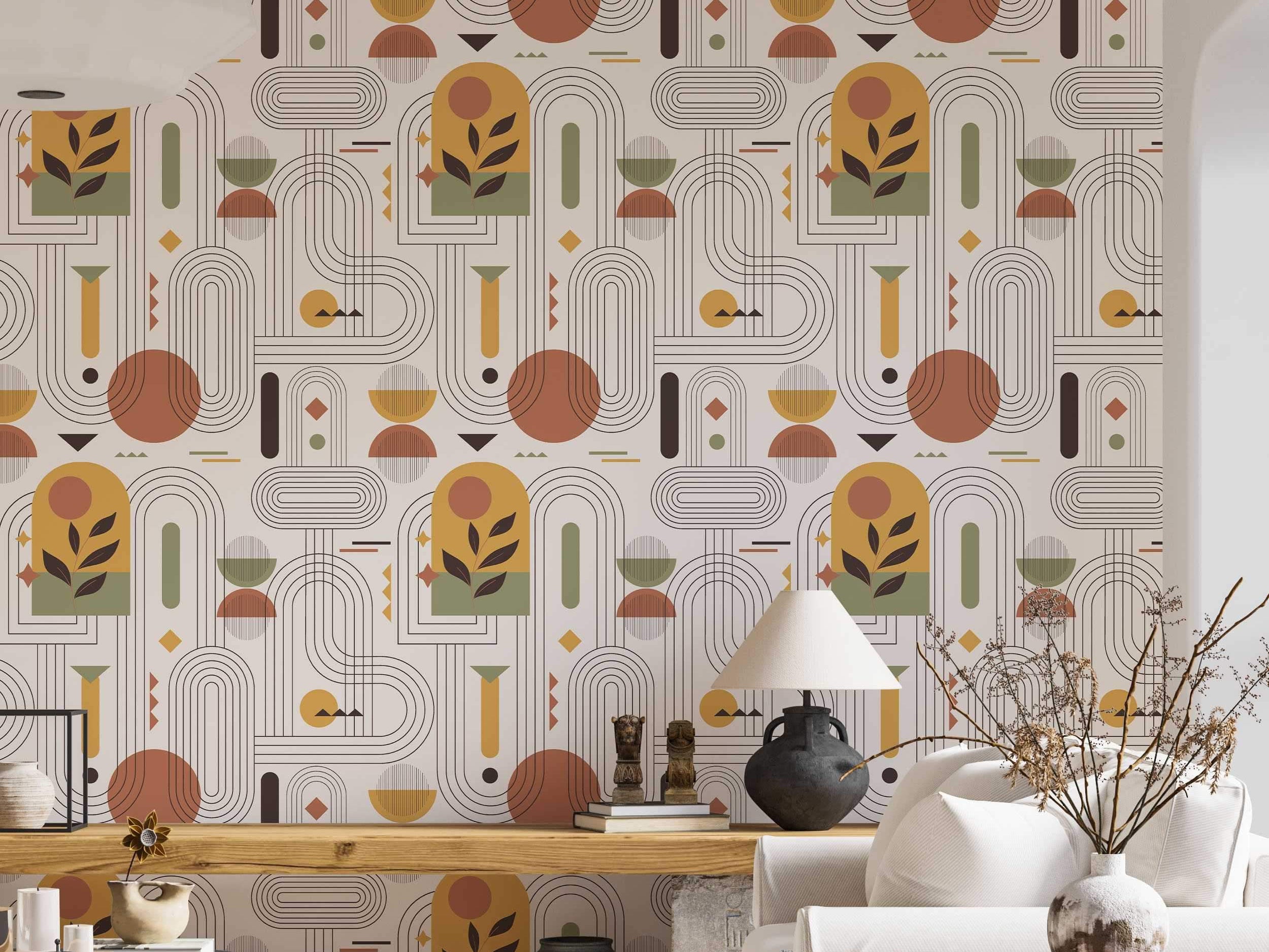 Abstract geometric wallpaper featuring lines, arches, circles, and botanical motifs in terracotta, ochre, olive, and brown.