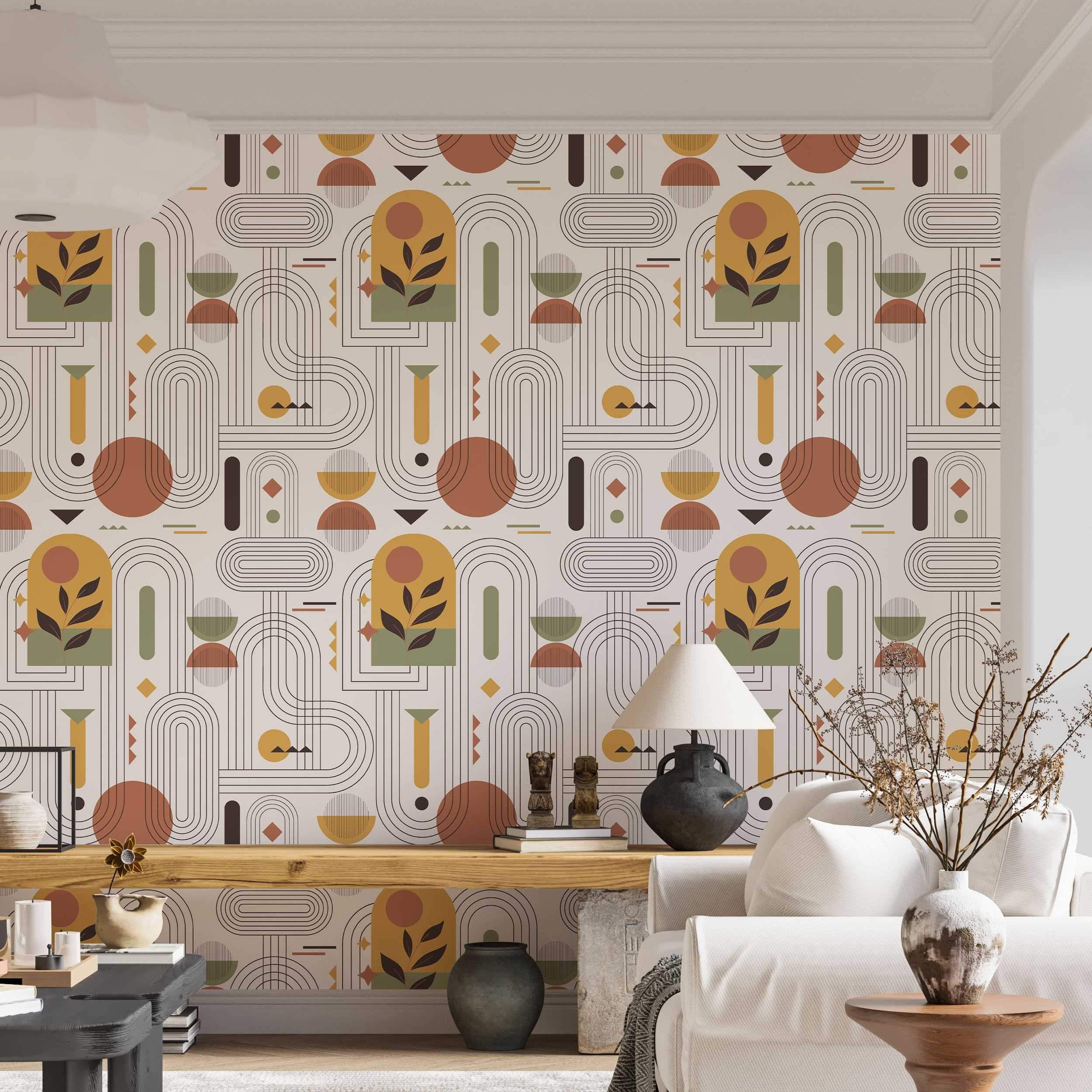Abstract geometric wallpaper featuring lines, arches, circles, and botanical motifs in terracotta, ochre, olive, and brown.