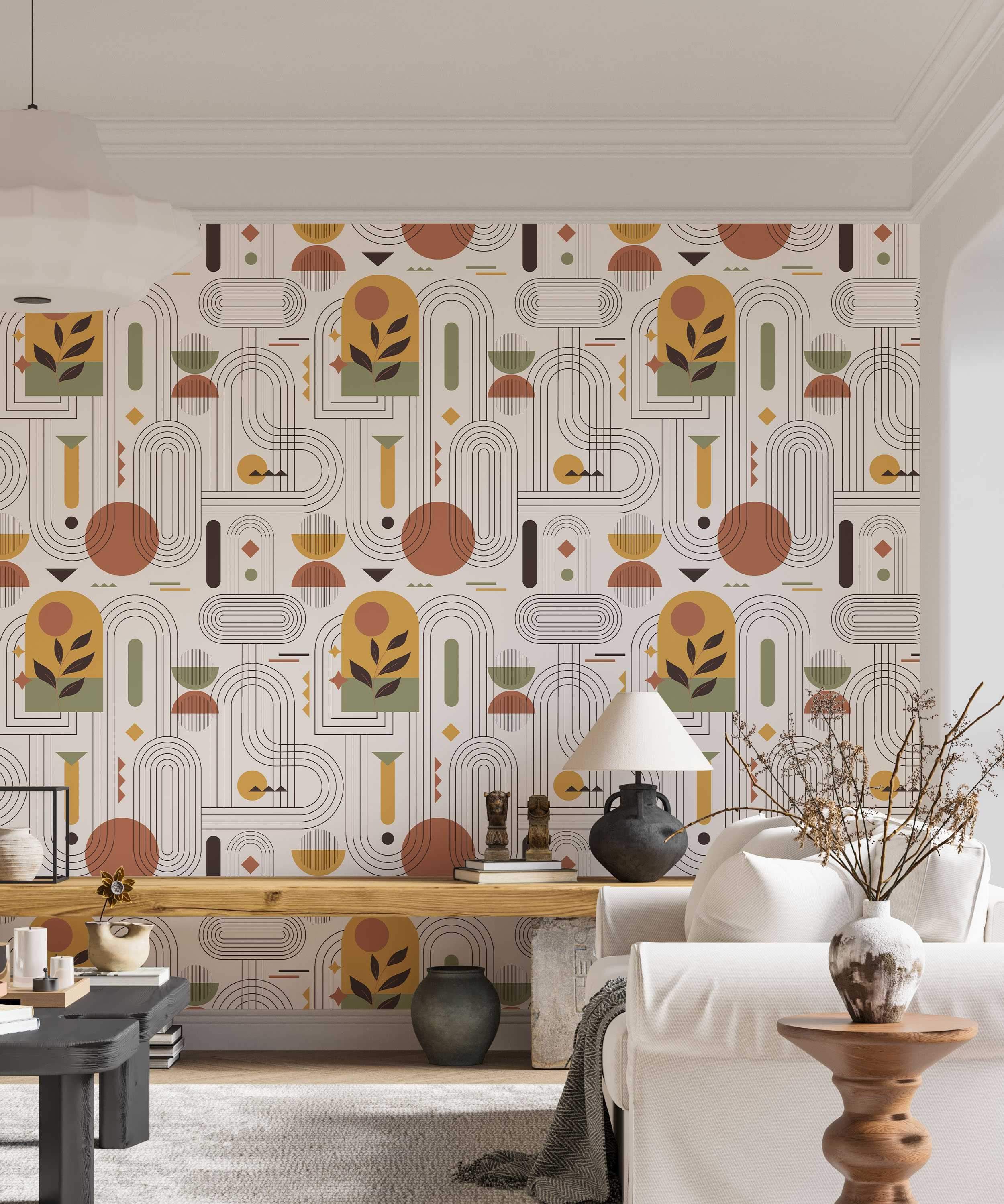 Abstract geometric wallpaper featuring lines, arches, circles, and botanical motifs in terracotta, ochre, olive, and brown.