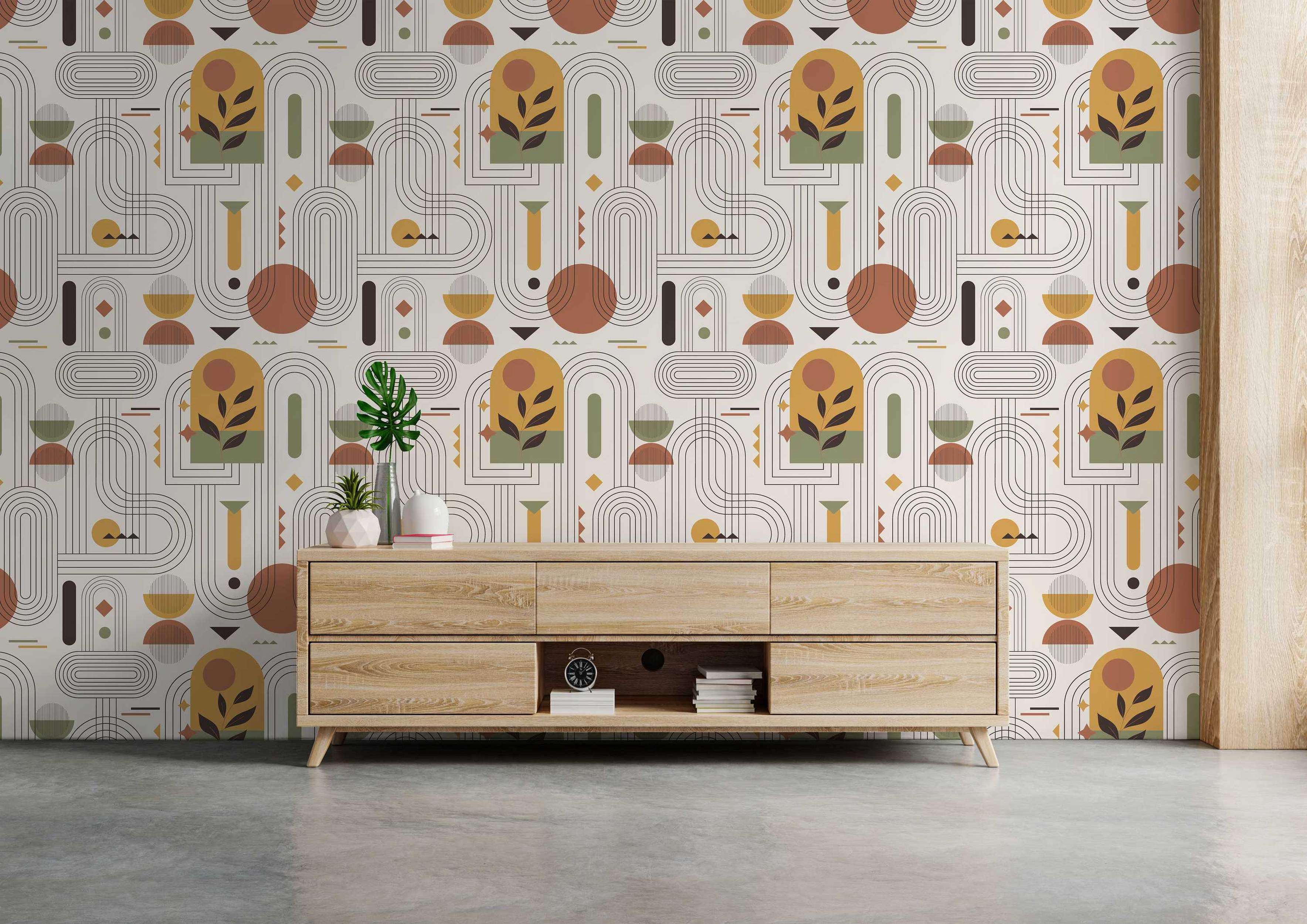 Abstract geometric wallpaper with arches, lines, and shapes in mustard yellow, terracotta, olive green, and brown on beige.