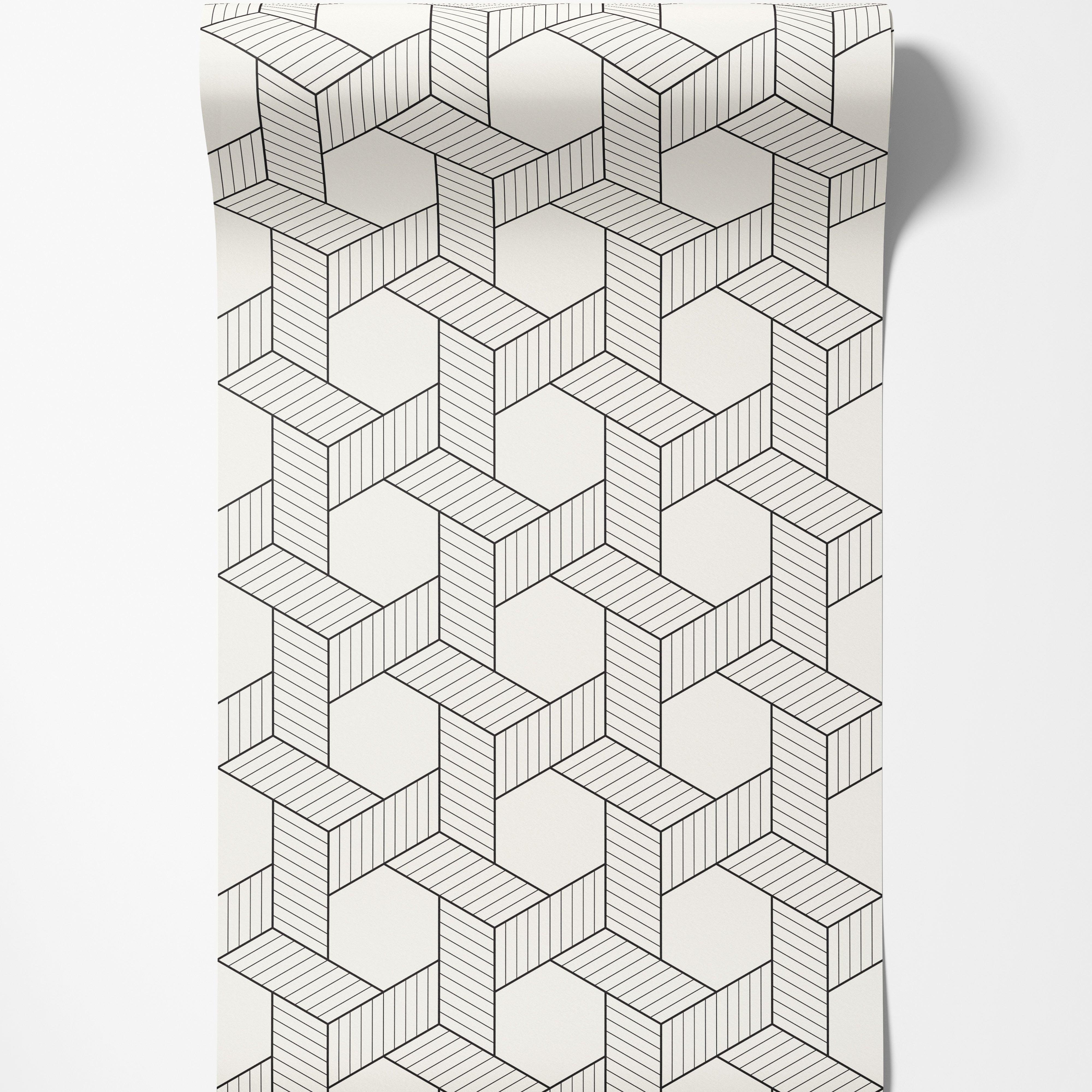 Geometric wallpaper with interlocking black line blocks, some with linear shading, on an off-white field.