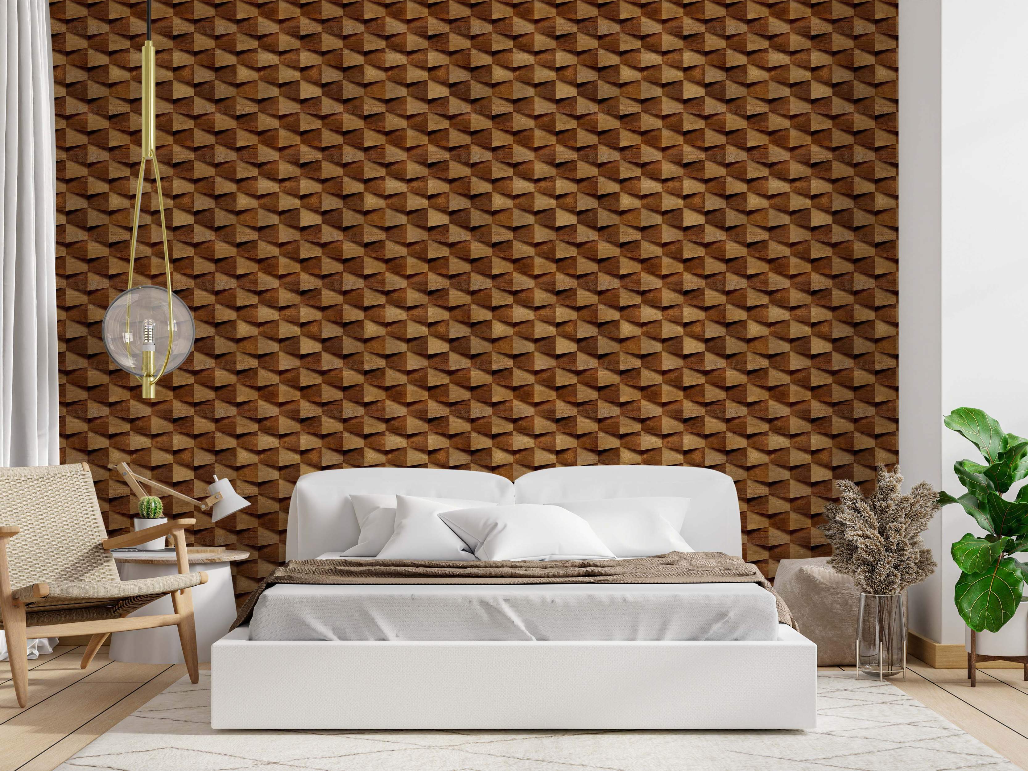 Wallpaper featuring a repeating 3D geometric block pattern with a realistic brown wood grain texture.
