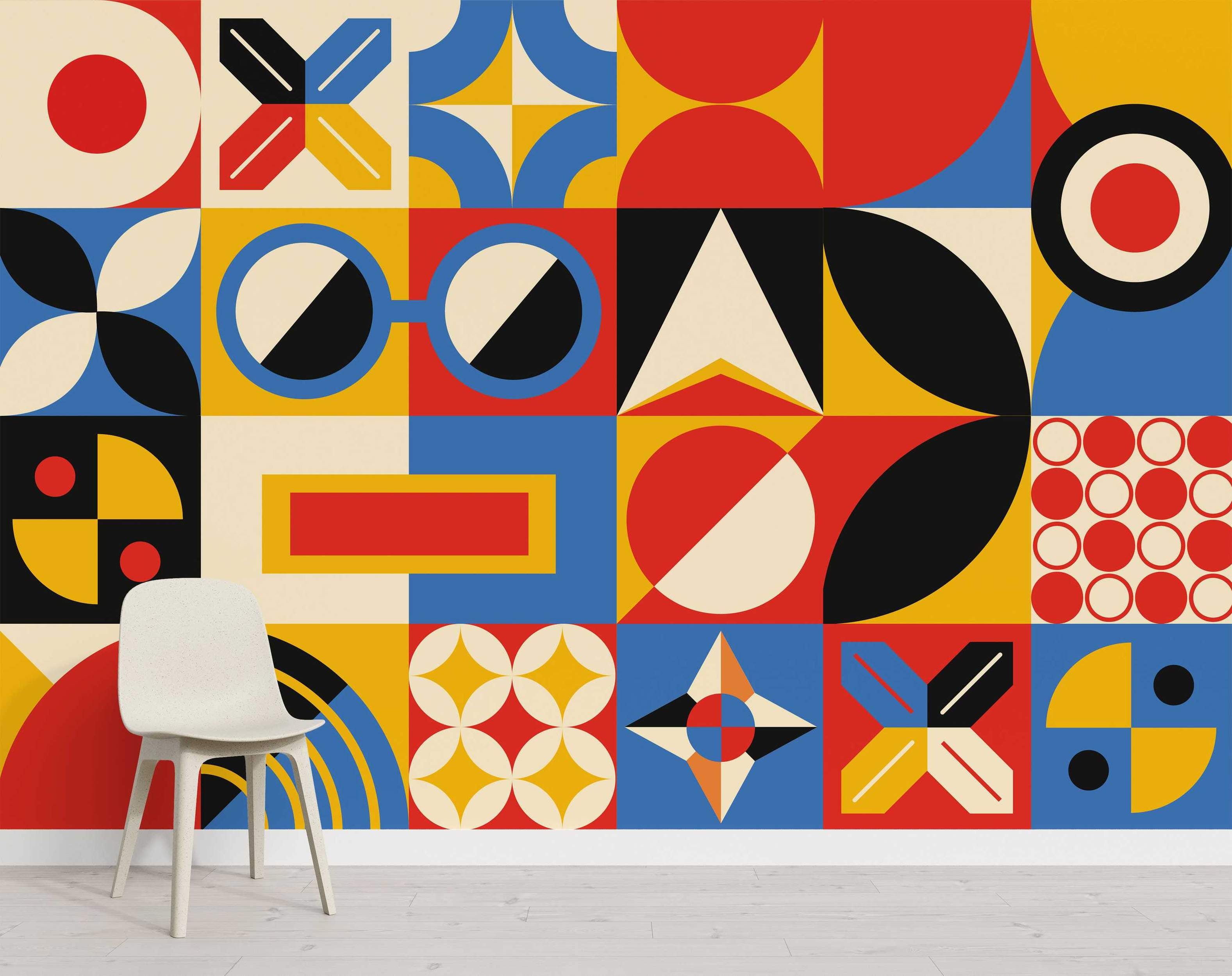 Bold geometric block mural featuring circles, stars, and abstract patterns in primary red, blue, yellow, black, and cream.
