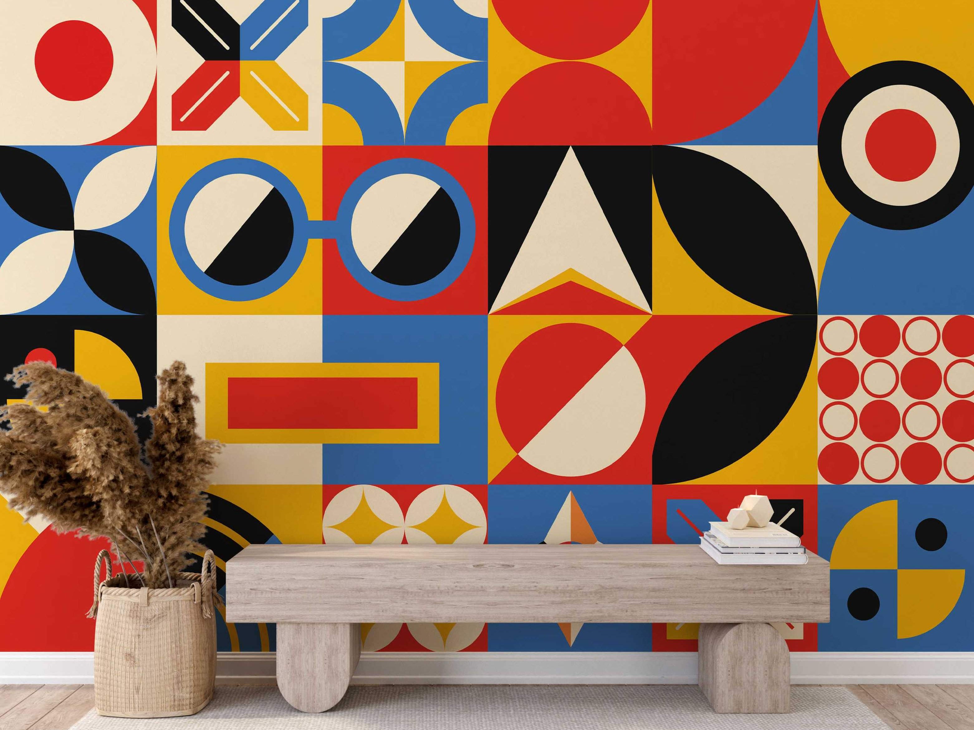Wallpaper featuring large geometric blocks with bold red, blue, yellow, black, and cream shapes like circles and triangles.