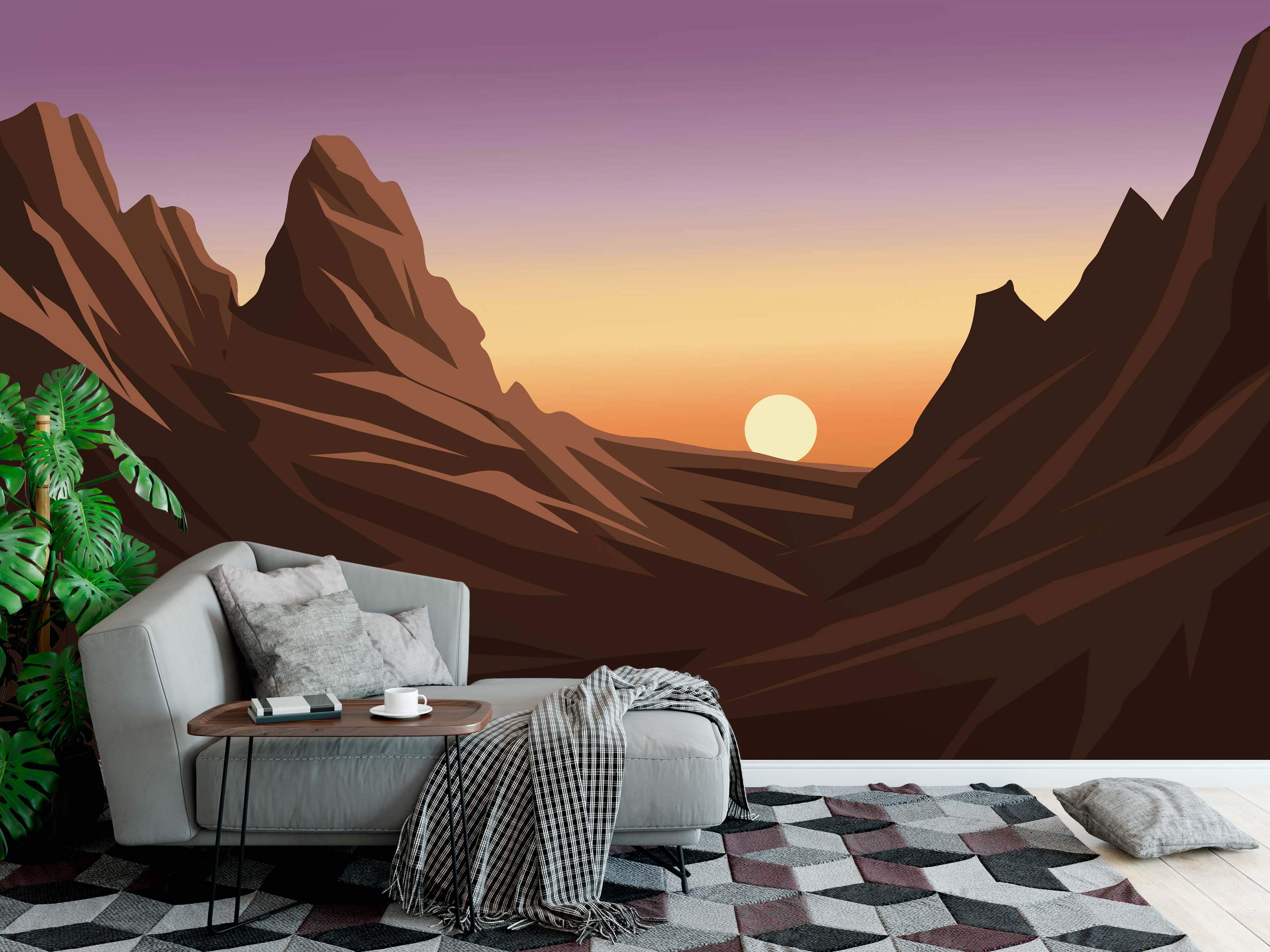 Geometric mural of a brown canyon landscape at sunset, featuring a purple and yellow gradient sky and a stylized sun.