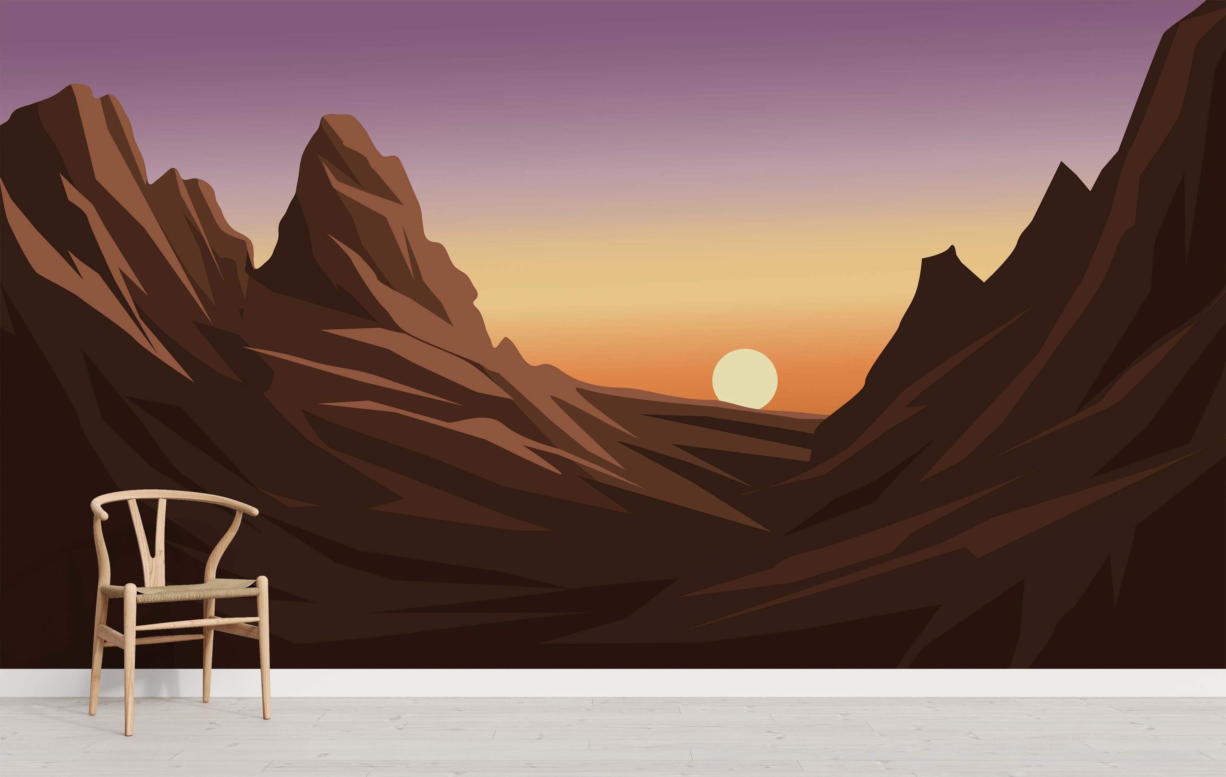 Mural featuring a geometric desert canyon in shades of brown, beneath a purple and orange gradient sunset sky with a sun.
