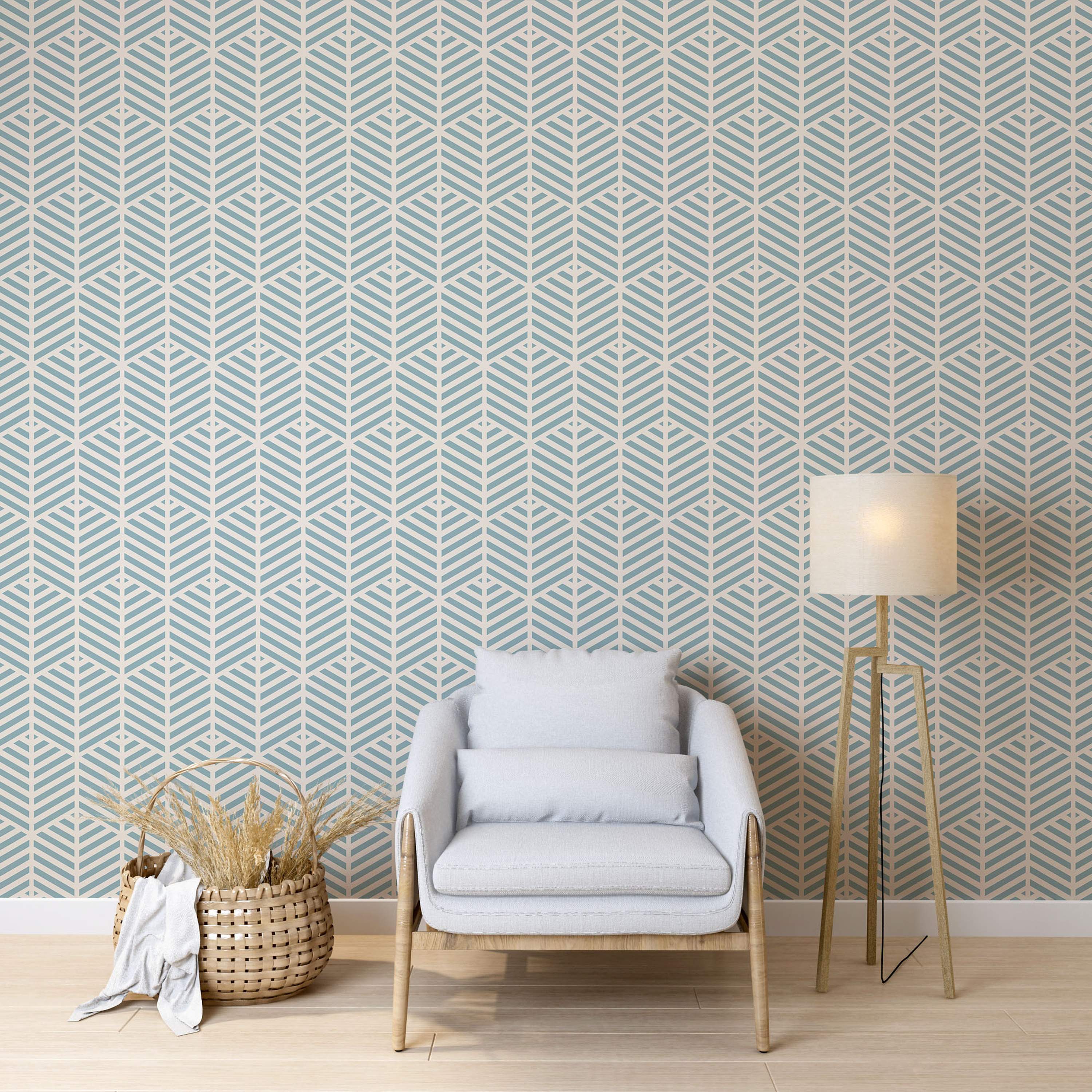 Geometric wallpaper featuring repeating stylized chevron leaf patterns in light blue on a pale beige background.