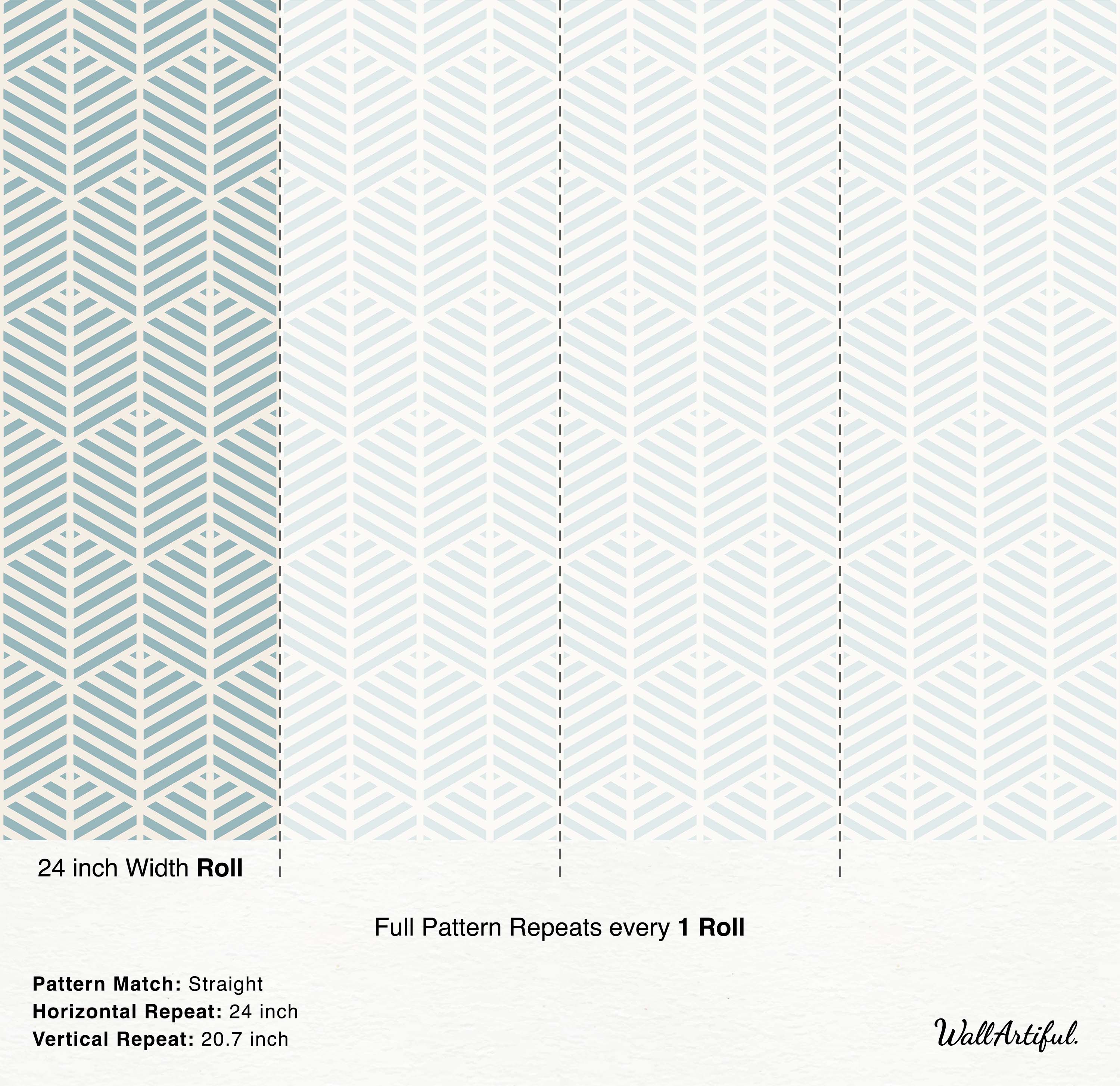 Geometric wallpaper with repeating light blue and cream chevron leaf shapes.