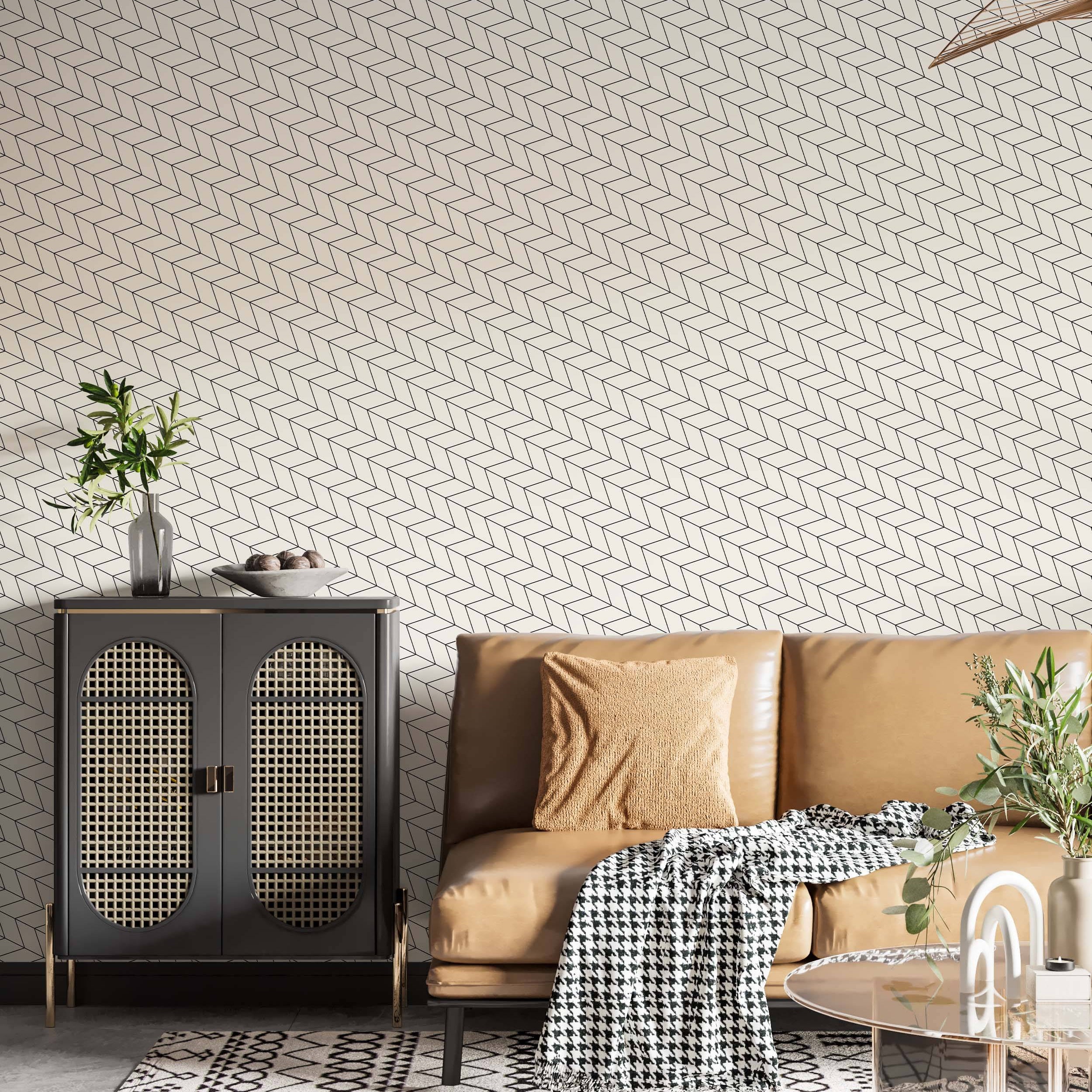 Geometric wallpaper featuring black outlined parallelograms in a stacked chevron pattern on a light beige background.