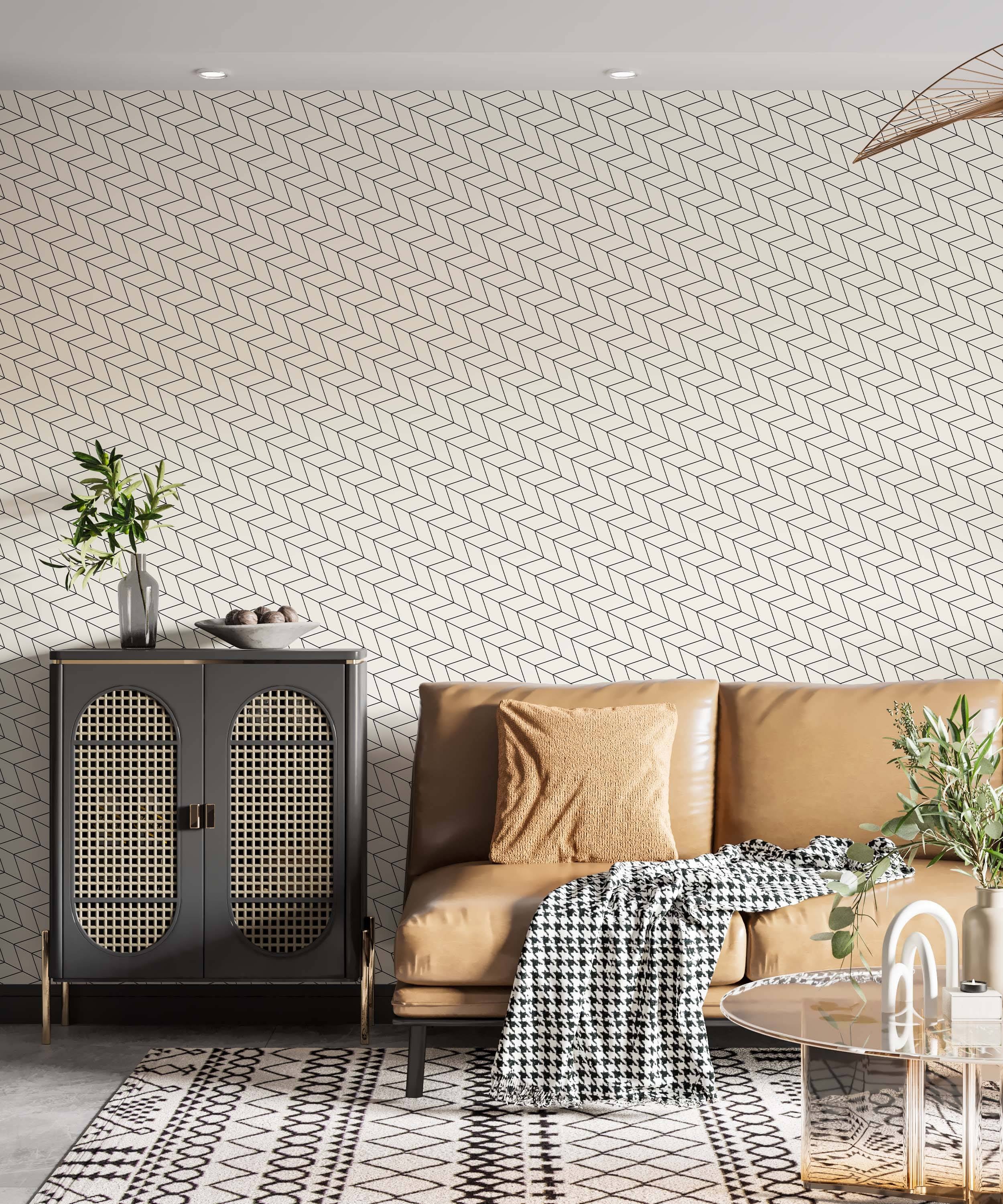 Geometric wallpaper featuring black outlined parallelograms in a stacked chevron pattern on a light beige background.