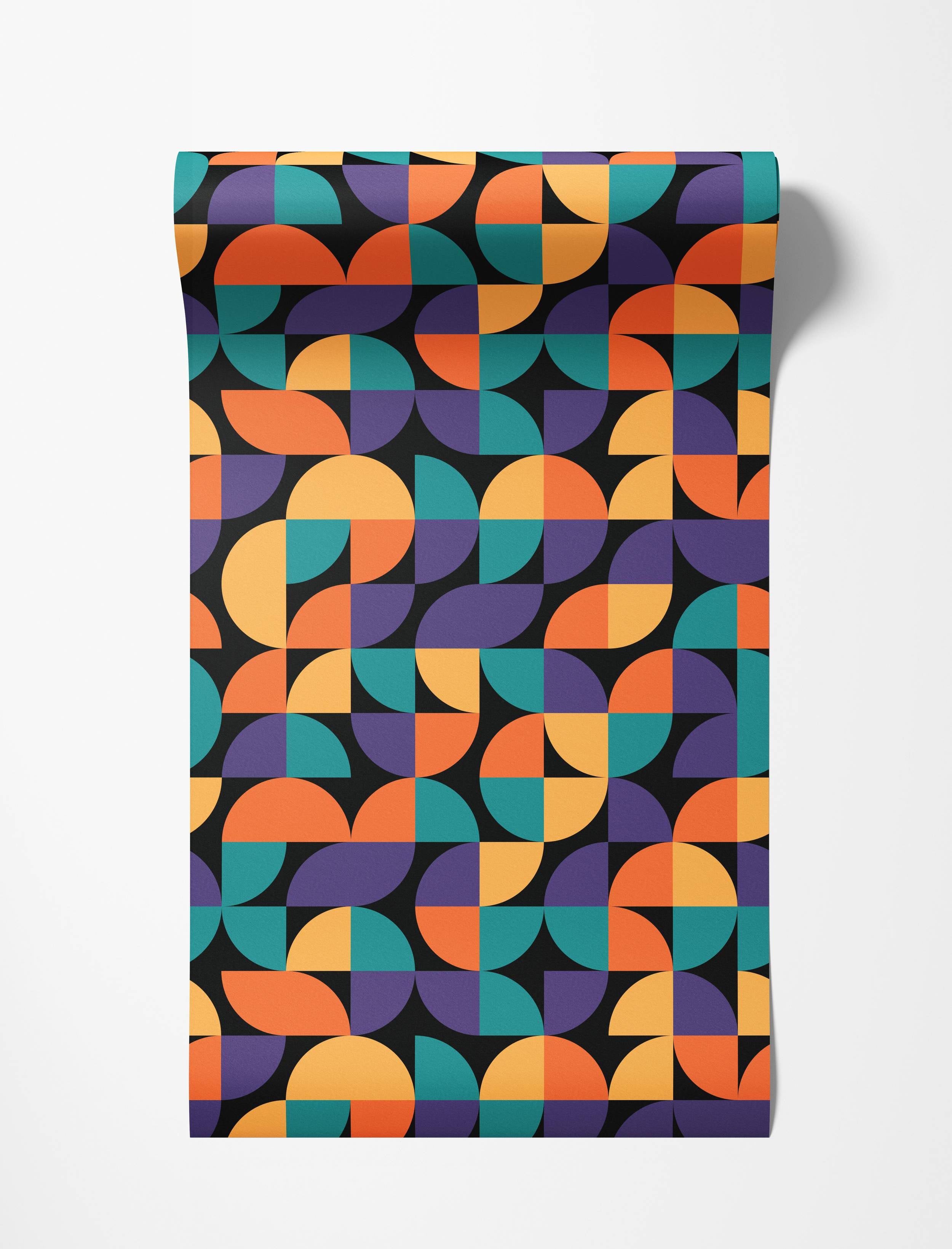 Abstract wallpaper featuring a grid of colorful quarter-circles in orange, teal, and purple against a black background.