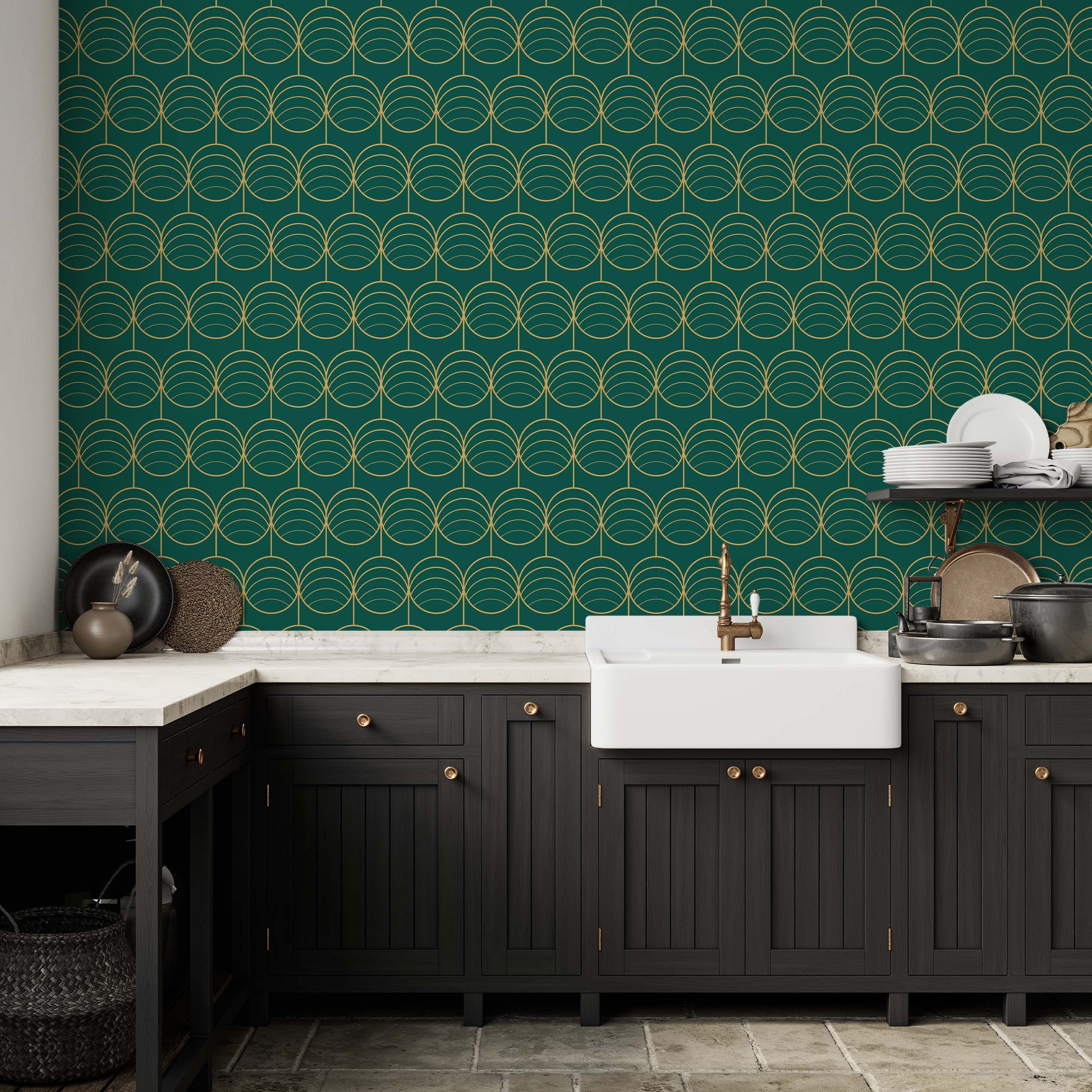 Gold geometric circles with internal arcs and connecting lines form a repeating pattern on dark green wallpaper.