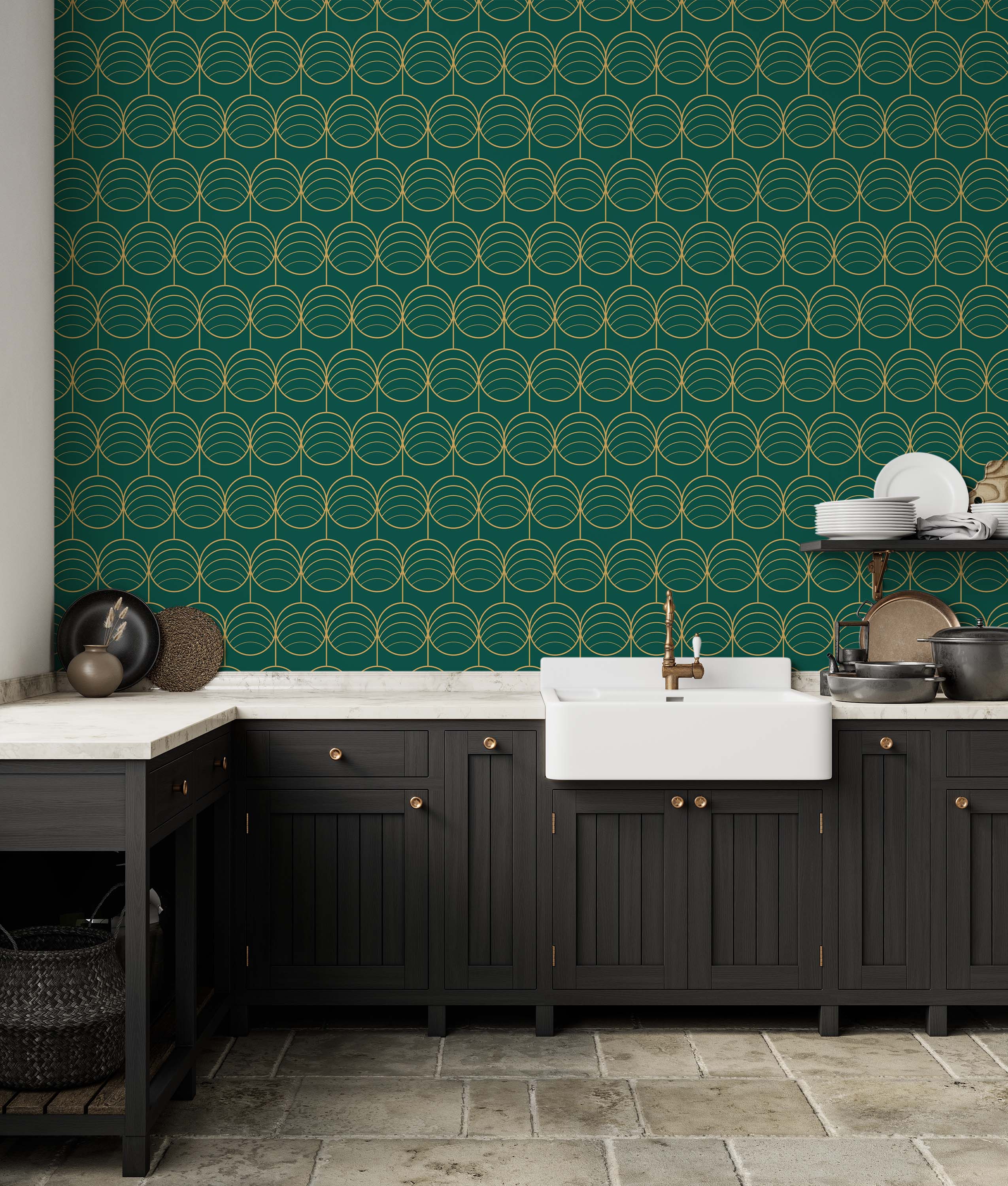 Gold geometric circles with internal arcs and connecting lines form a repeating pattern on dark green wallpaper.