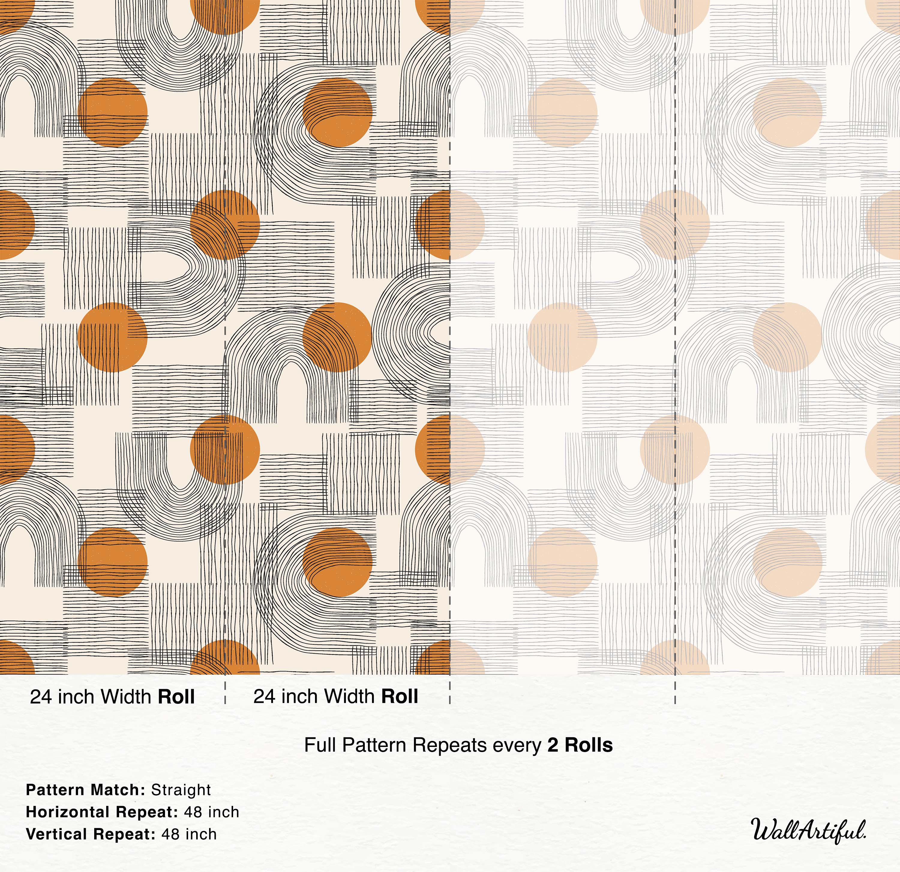 Geometric wallpaper featuring burnt orange circles and black line art creating arches and striped patterns on a light beige background.
