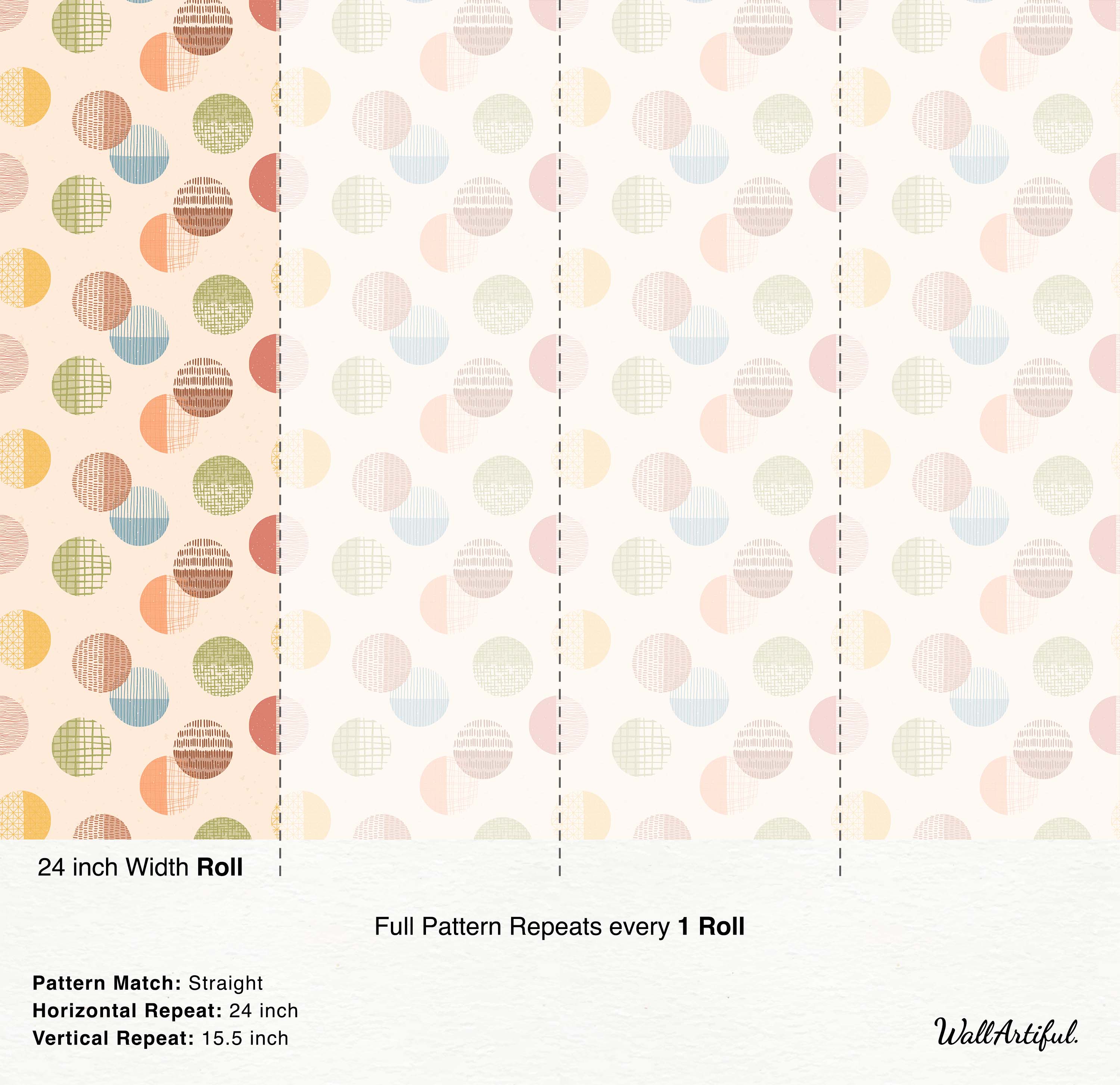 Wallpaper with a geometric repeating pattern of multicolored textured circles on a pale beige background.