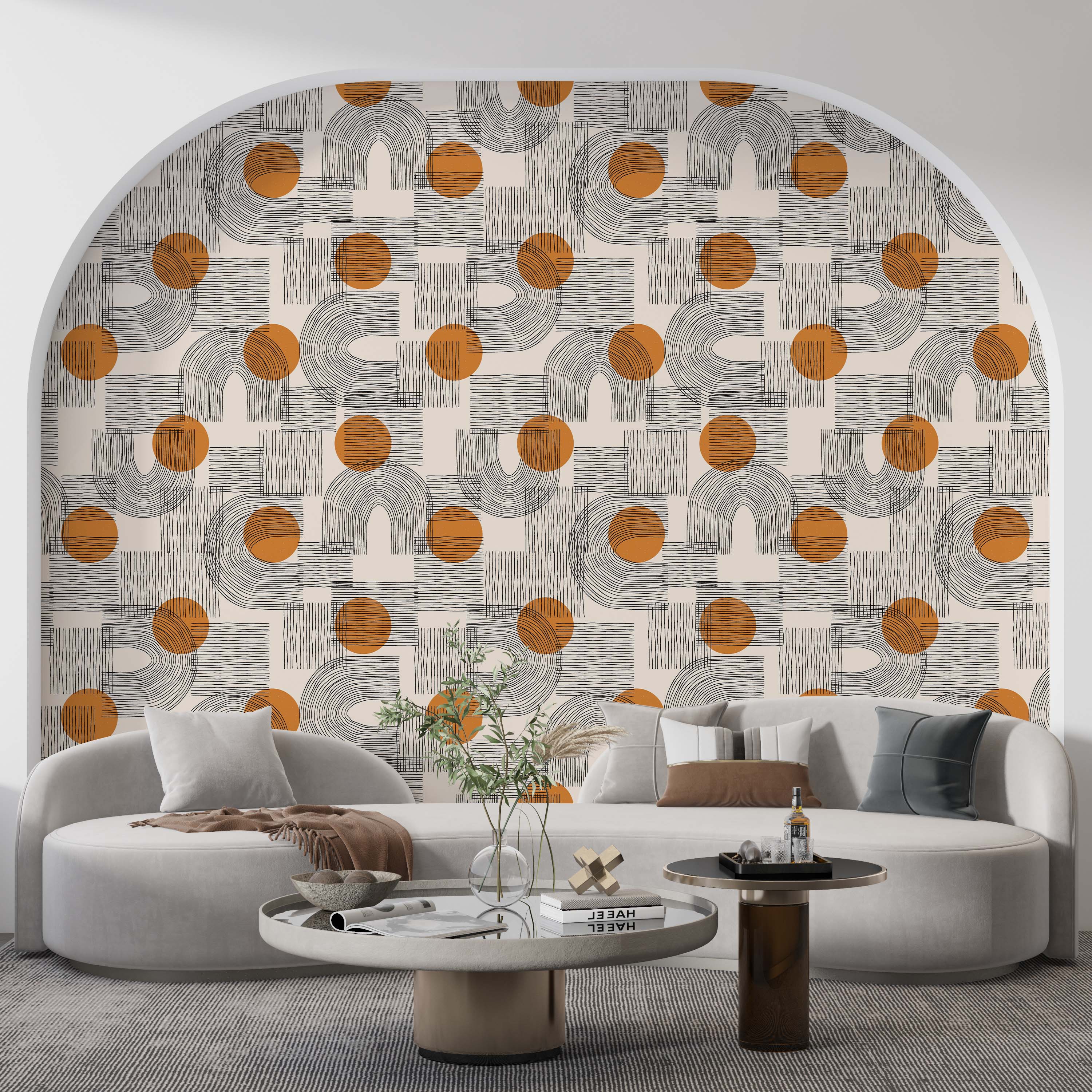 Geometric wallpaper featuring orange circles, black hand-drawn arches, and line patterns on a light beige background.