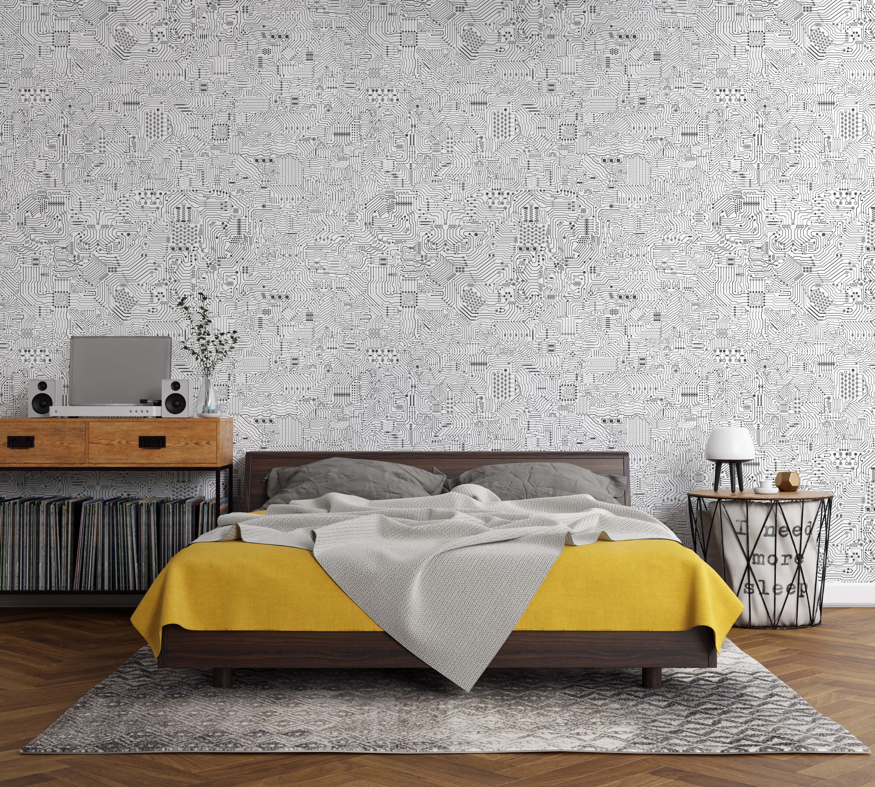 Geometric wallpaper displaying an intricate black and white circuit board pattern with complex lines and nodes.