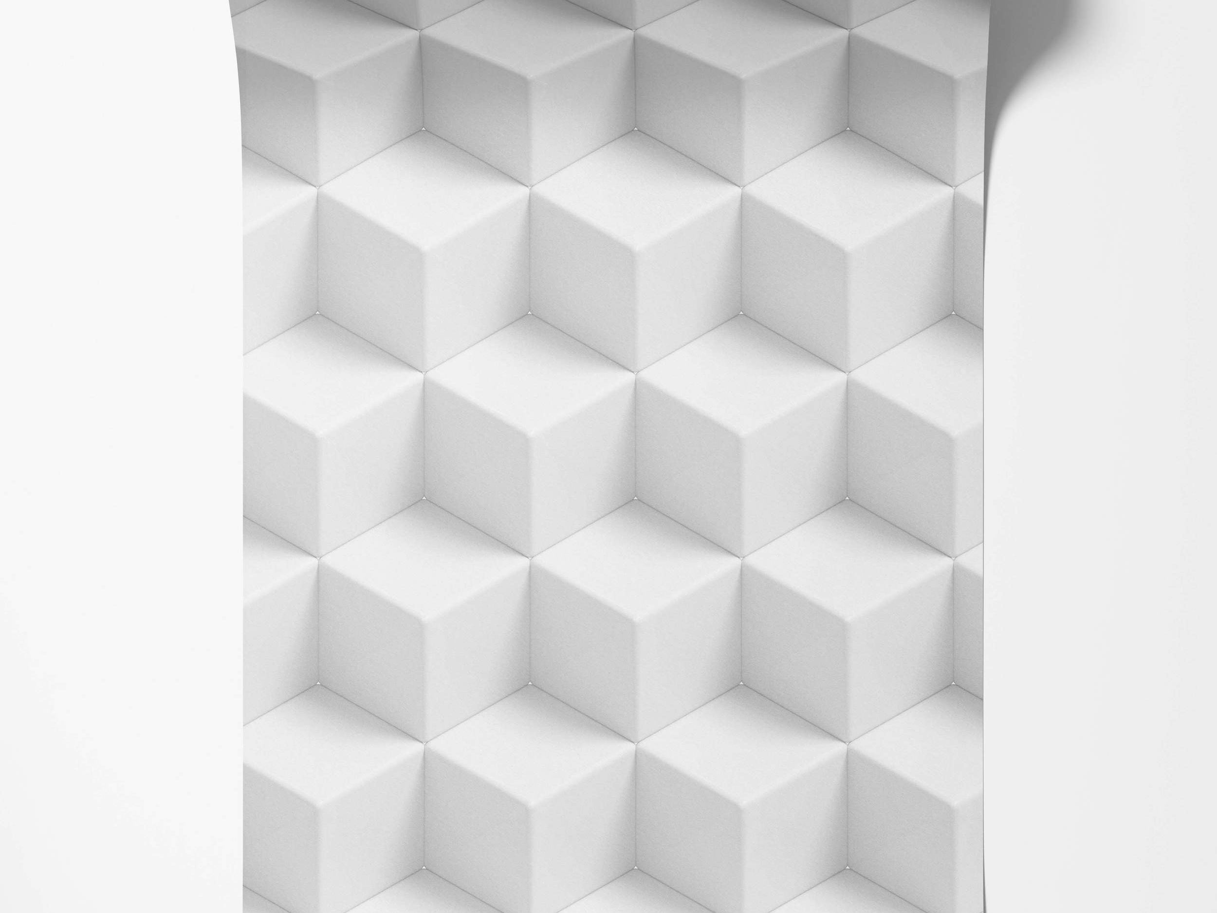 White wallpaper with a repeating geometric pattern of isometric 3D cubes.