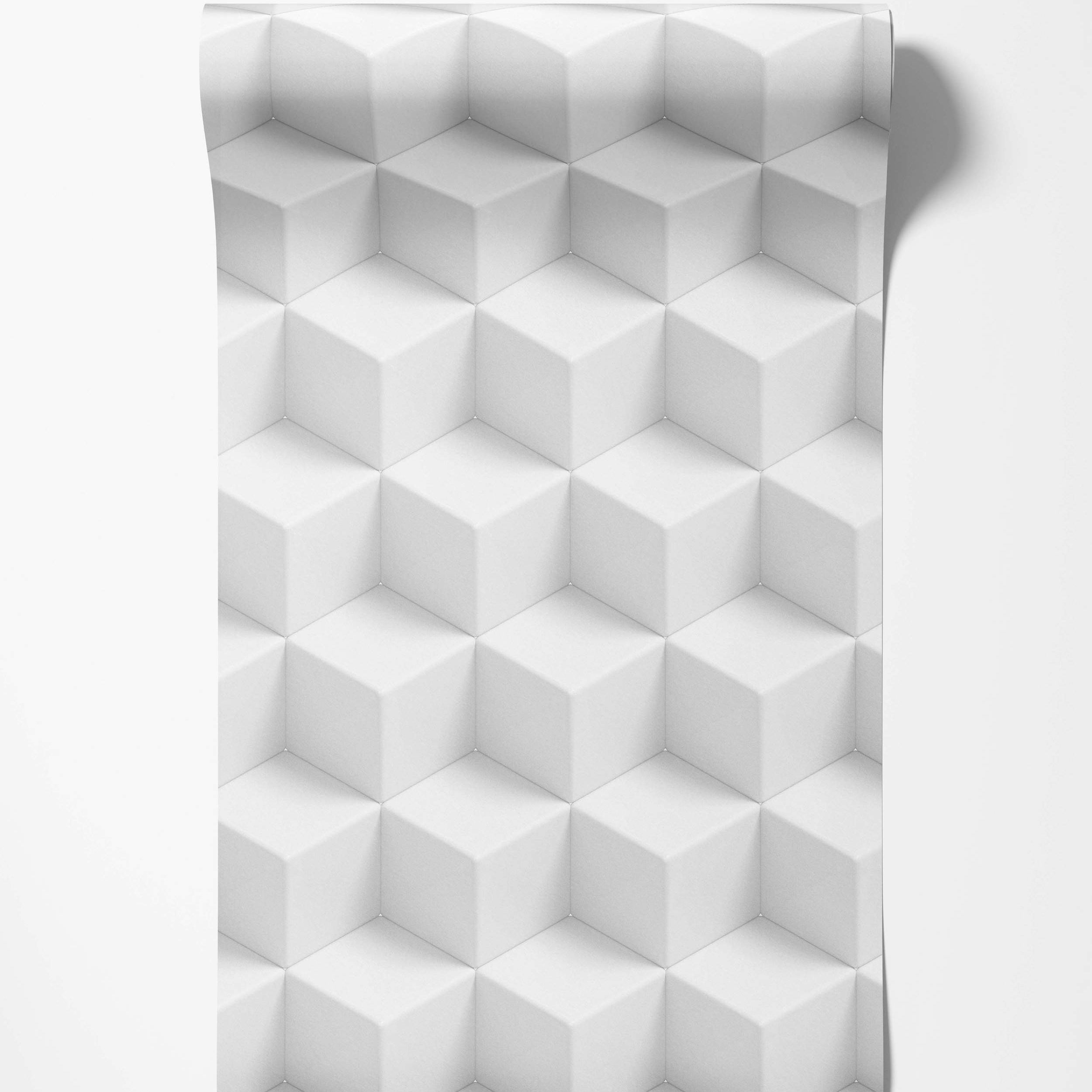 White wallpaper with a repeating geometric pattern of isometric 3D cubes.