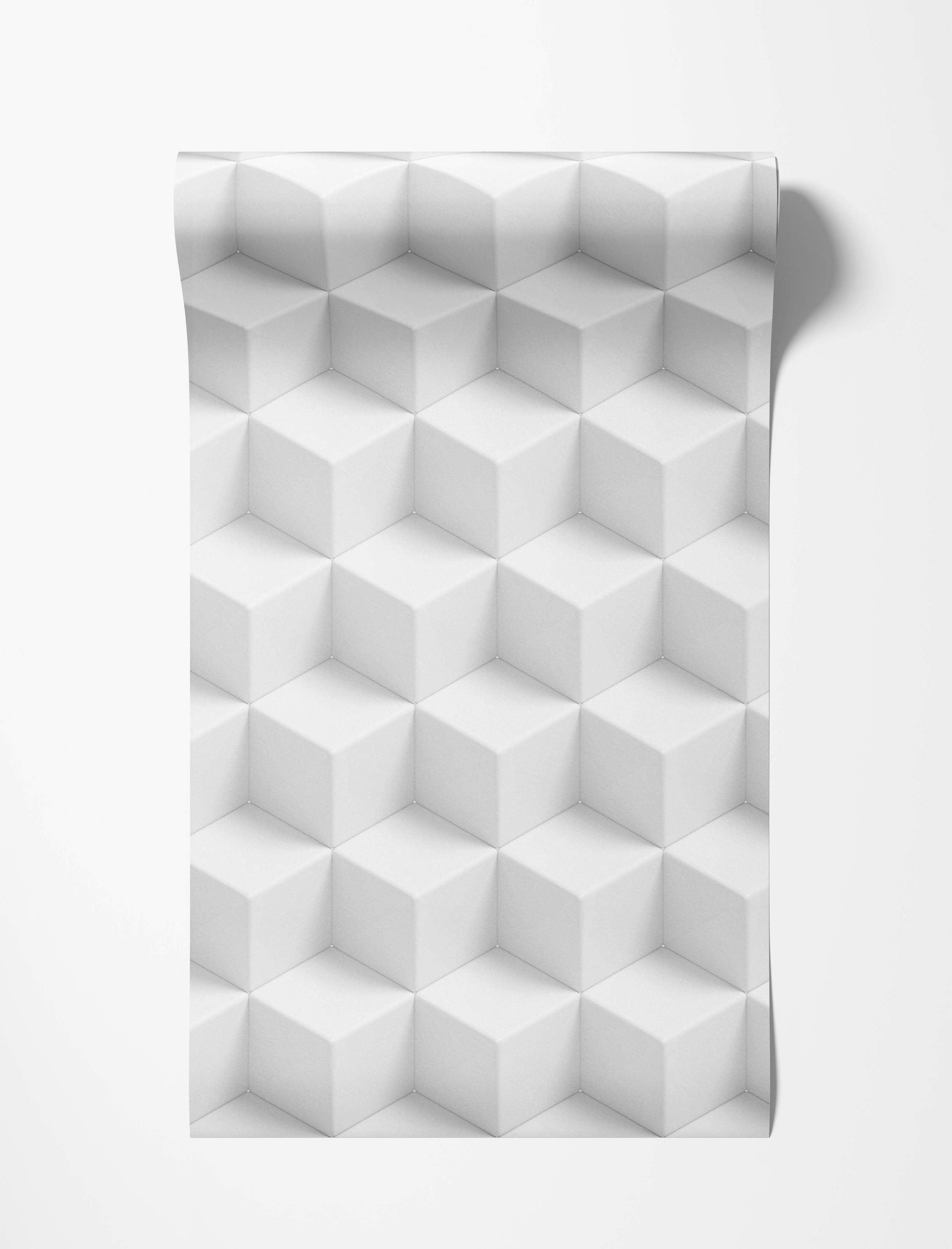 White wallpaper with a repeating geometric pattern of isometric 3D cubes.