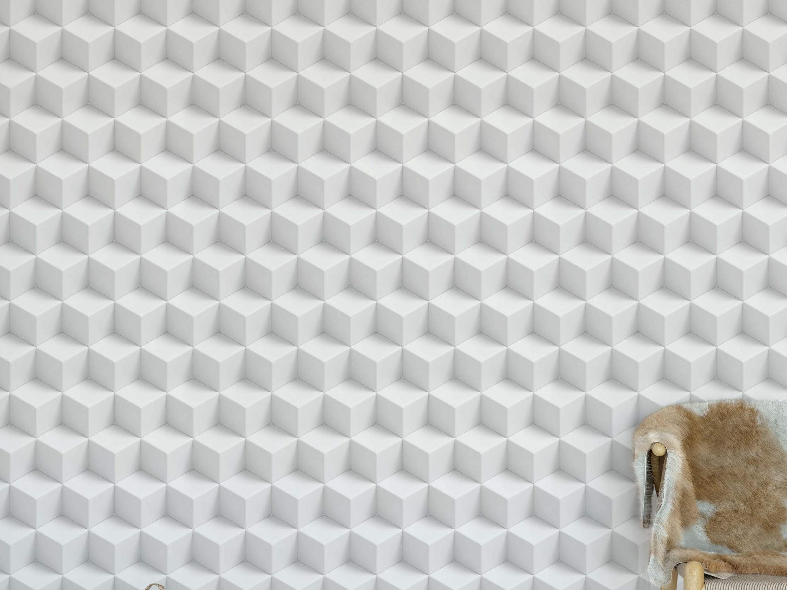 White wallpaper featuring a repeating geometric pattern of 3D cubes creating an optical illusion effect.