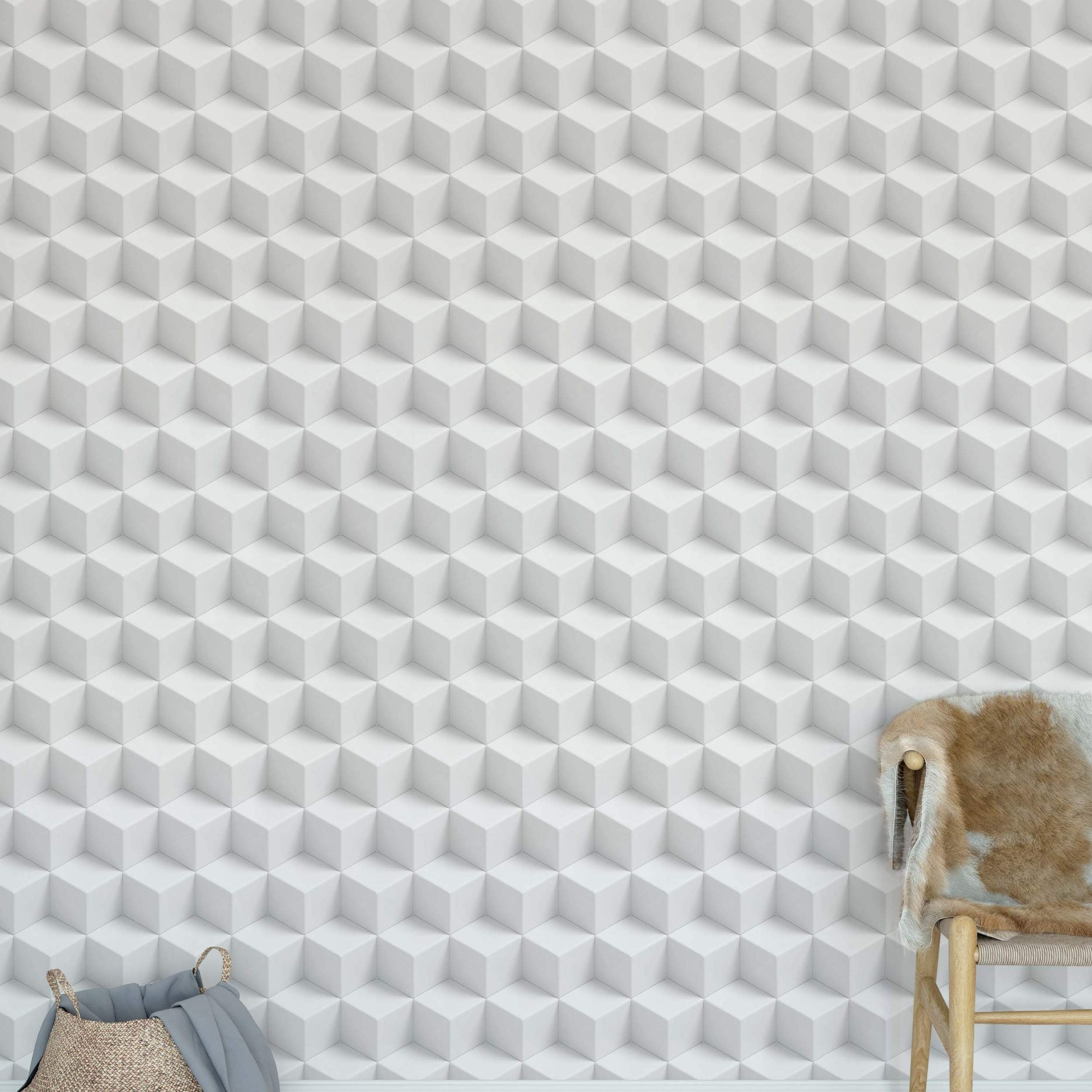 White wallpaper featuring a repeating geometric pattern of 3D cubes creating an optical illusion effect.