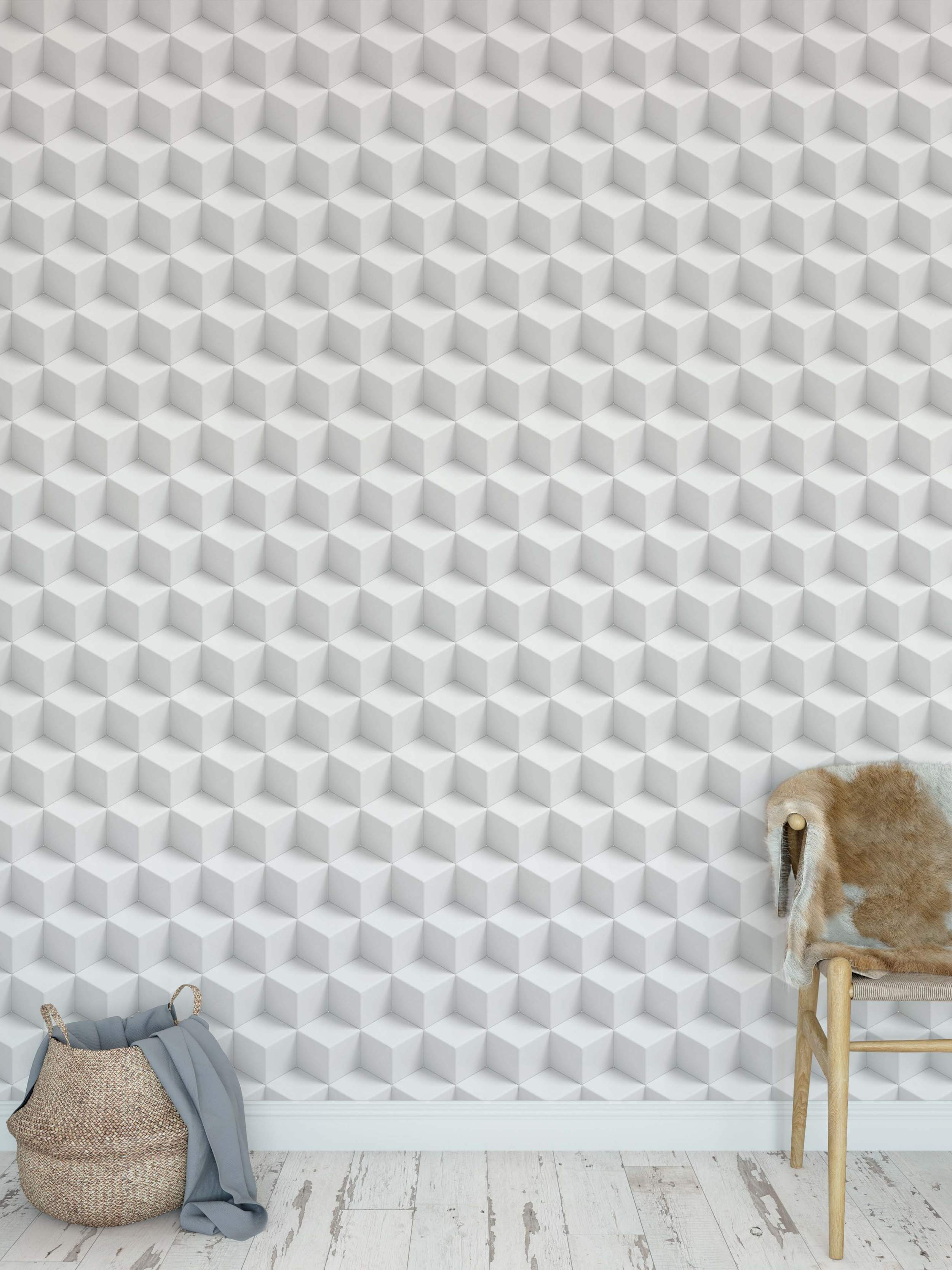 White wallpaper featuring a repeating geometric pattern of 3D cubes creating an optical illusion effect.