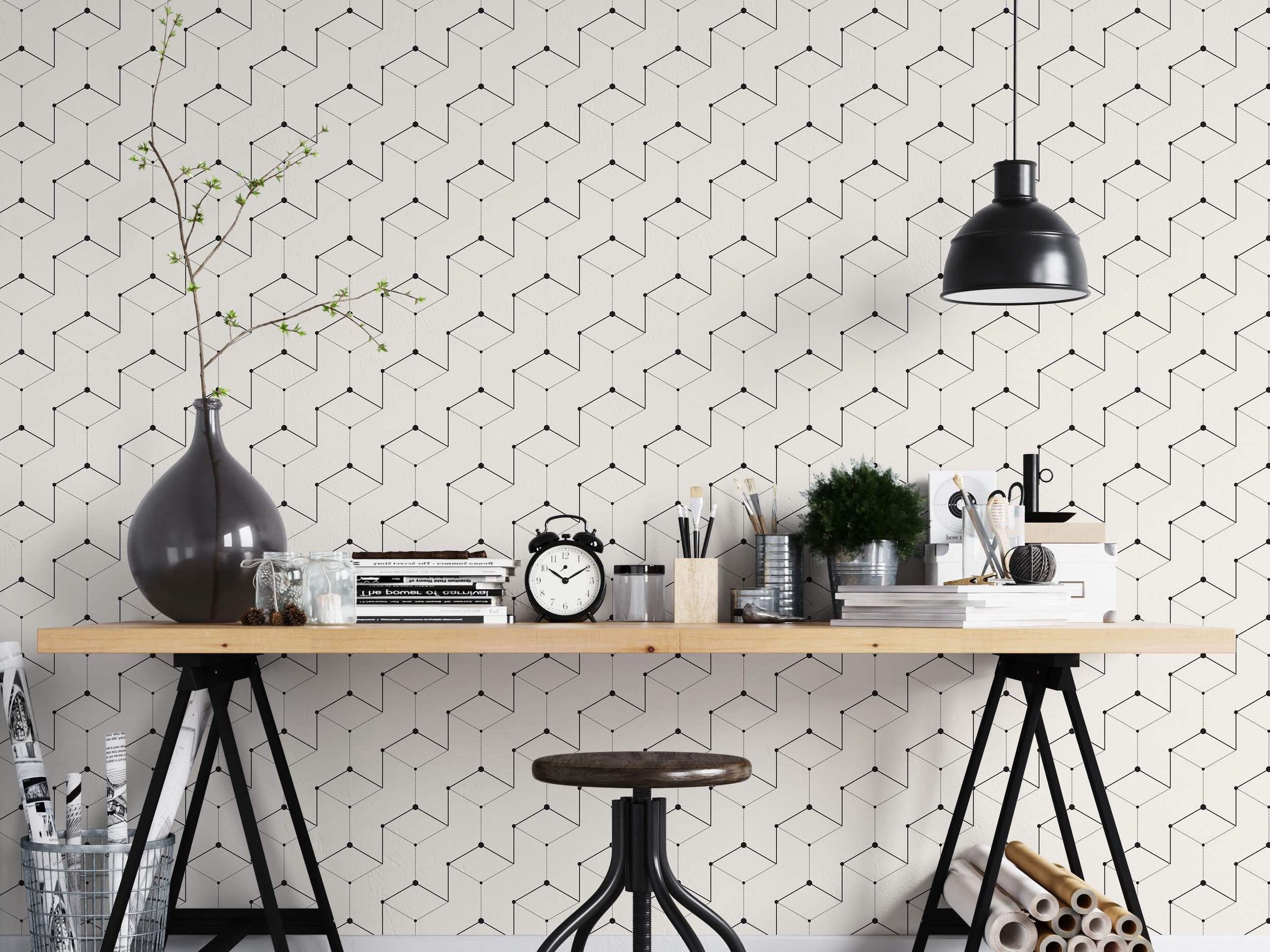 Off-white wallpaper featuring a geometric pattern of interconnected cube shapes outlined in black solid and dotted lines with dots.