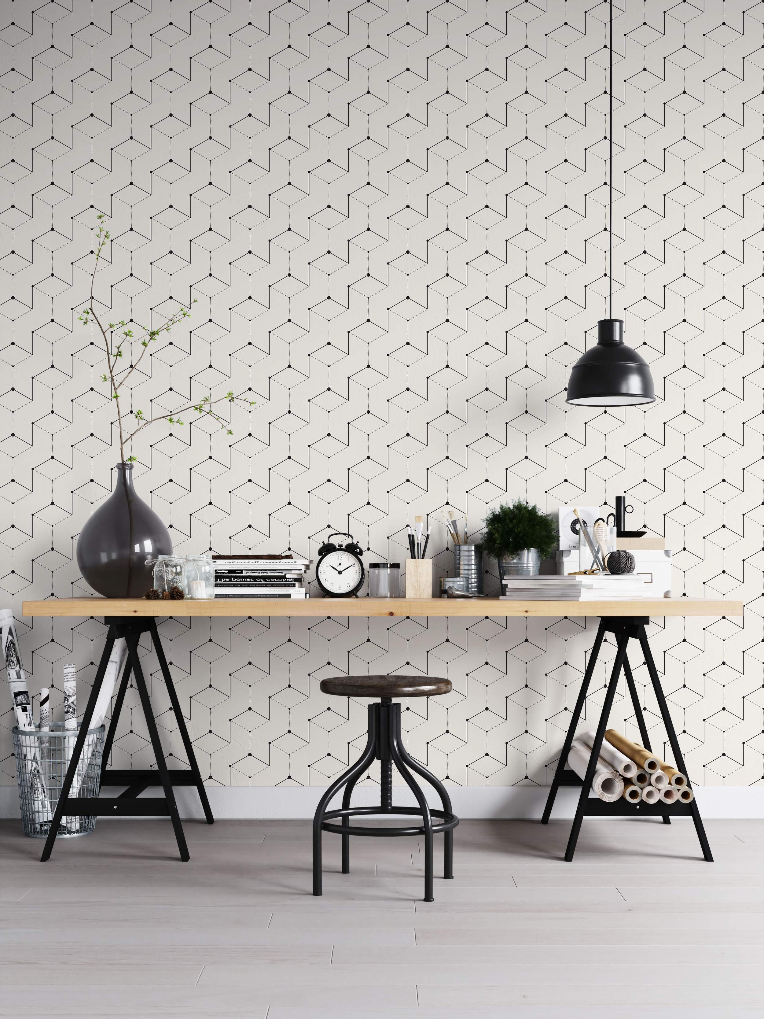 Off-white wallpaper featuring a geometric pattern of interconnected cube shapes outlined in black solid and dotted lines with dots.