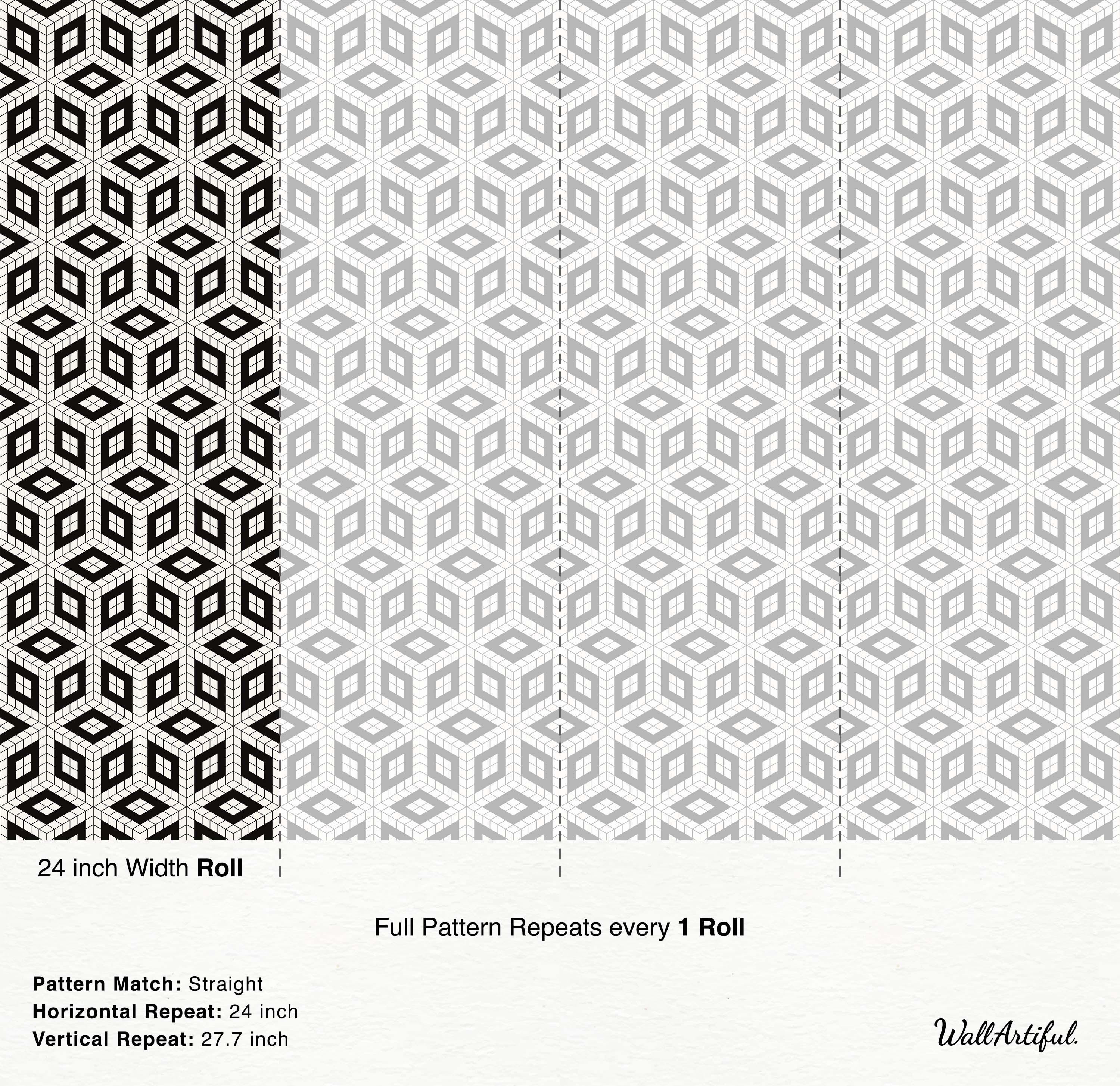 Geometric wallpaper with a black and cream isometric cube pattern formed by outlined diamonds and fine grid lines.