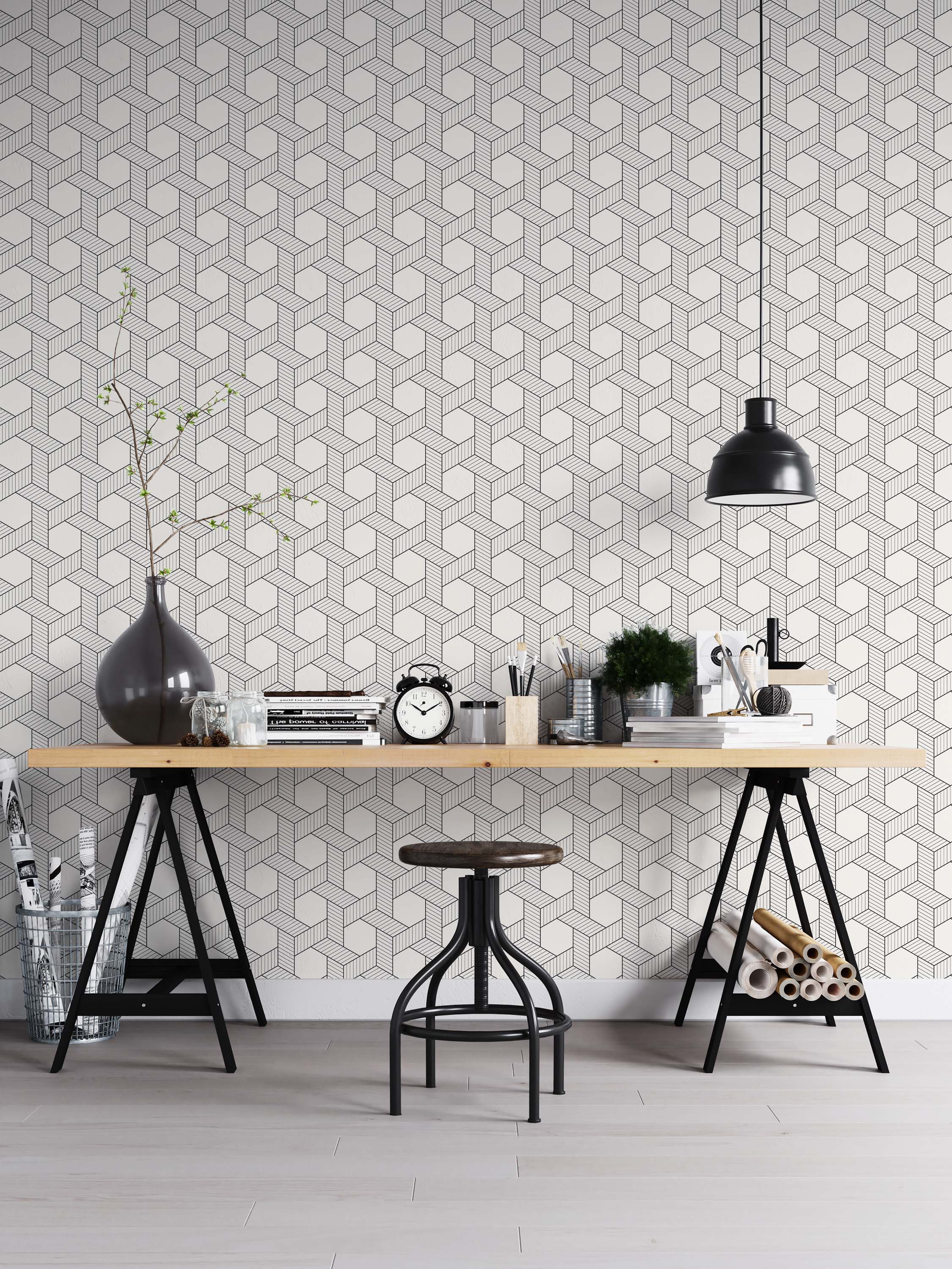 Wallpaper with a repeating geometric pattern of interlocking black line cubes on white, creating a 3D optical illusion.
