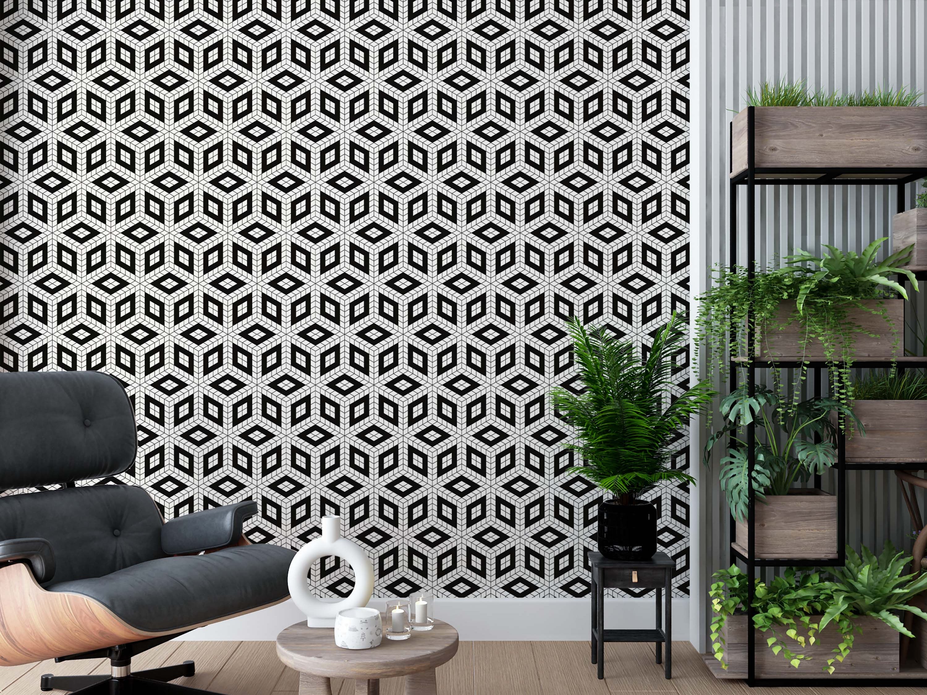 Black and white wallpaper featuring a geometric rhombus pattern creating an optical illusion of interlocking 3D cubes.