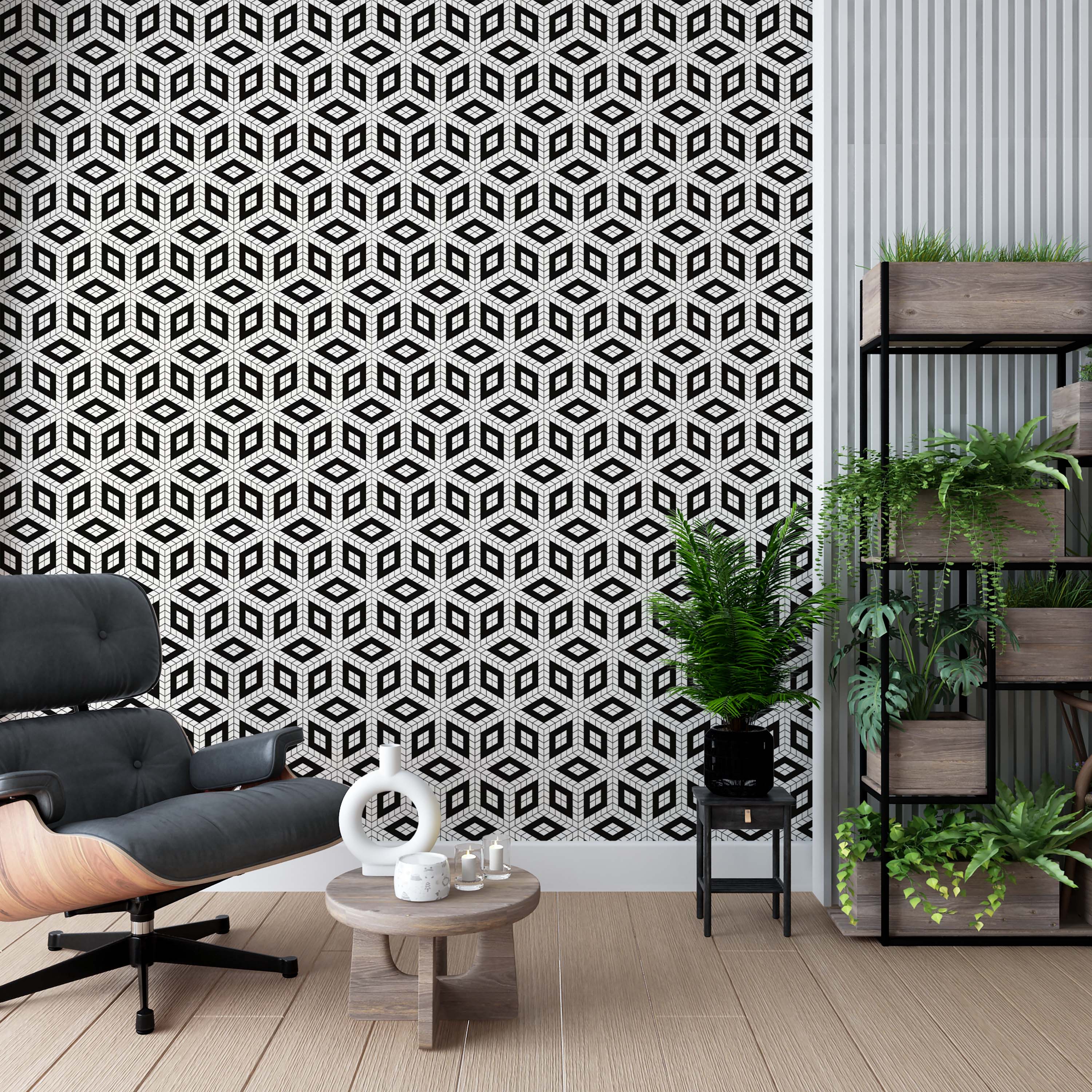 Black and white wallpaper featuring a geometric rhombus pattern creating an optical illusion of interlocking 3D cubes.