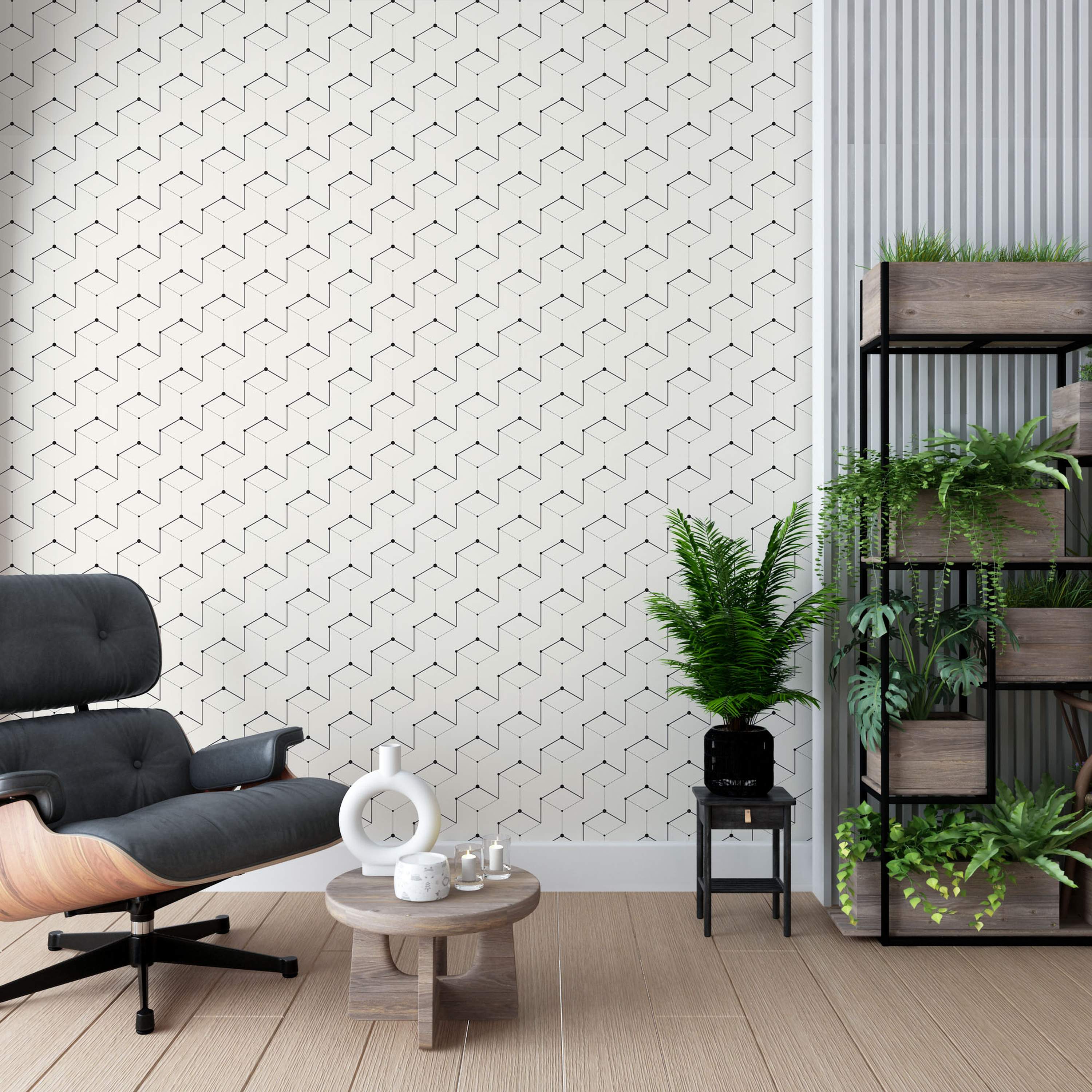 Geometric wallpaper with black lines and dots forming an isometric cube or stair pattern on an off-white background.