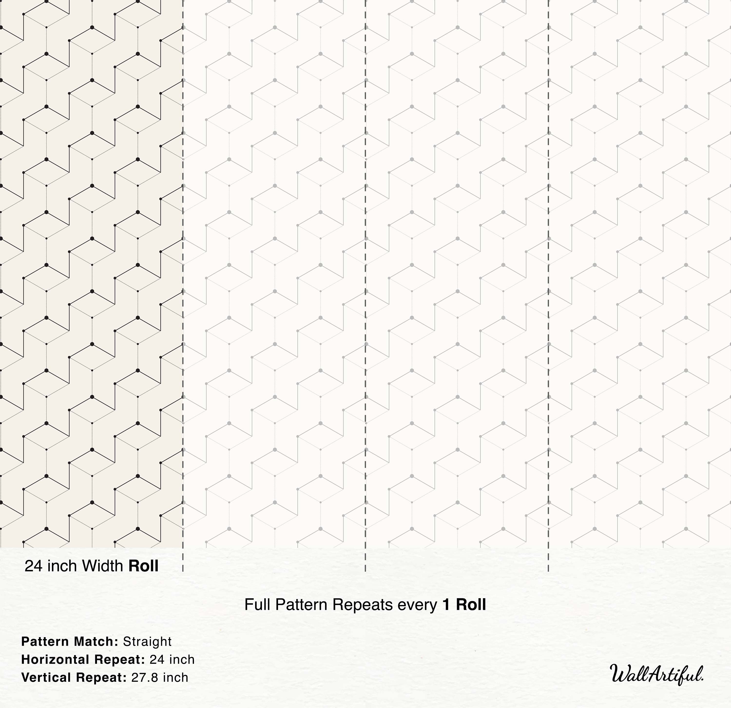 Geometric wallpaper featuring interconnected cubes outlined in black lines and dots on a cream background.
