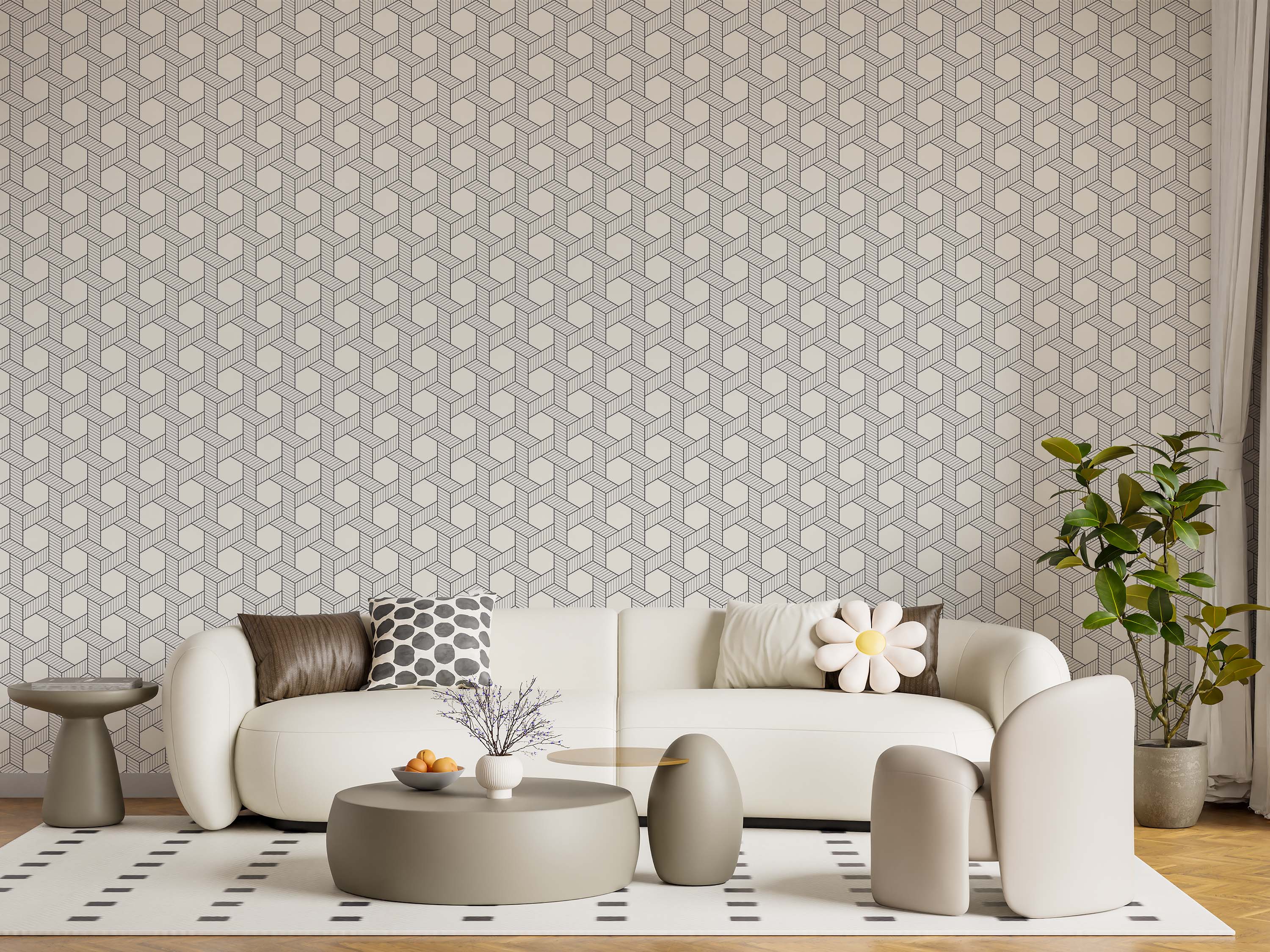 Geometric wallpaper featuring an optical illusion pattern of interlocking cubes outlined in gray on a light beige field.