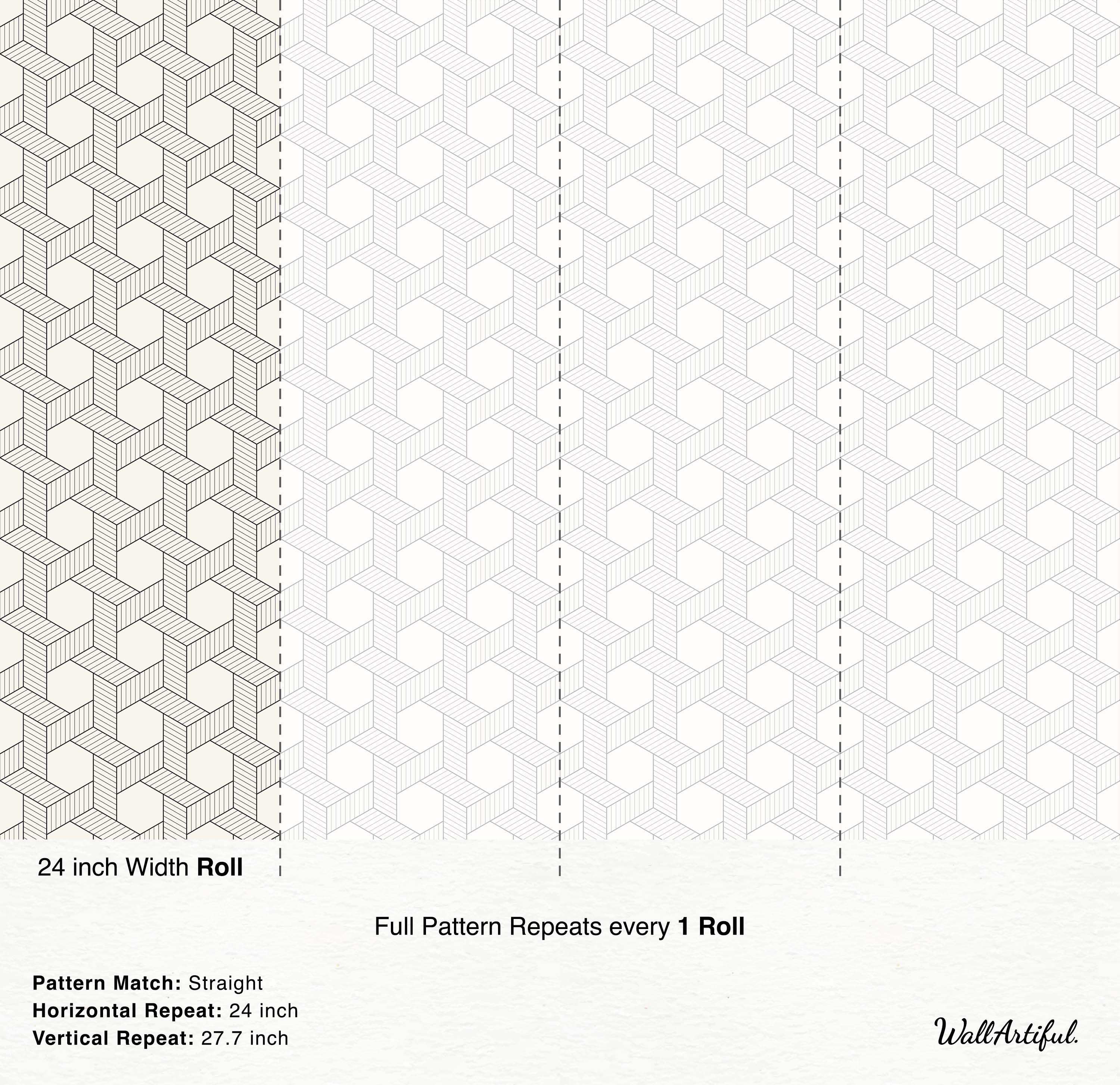 Modern geometric wallpaper with interlocking black line cubes and hatching detail on an off-white field.