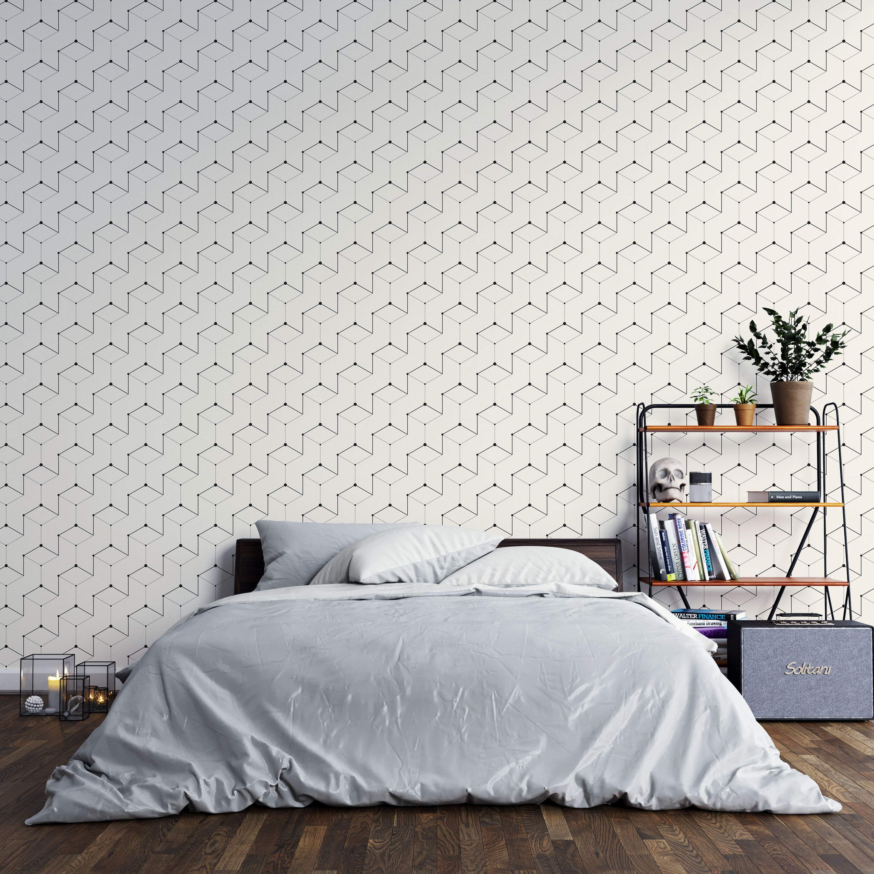 Minimalist geometric wallpaper with black lines and dots creating repeating isometric cube patterns on a white field.