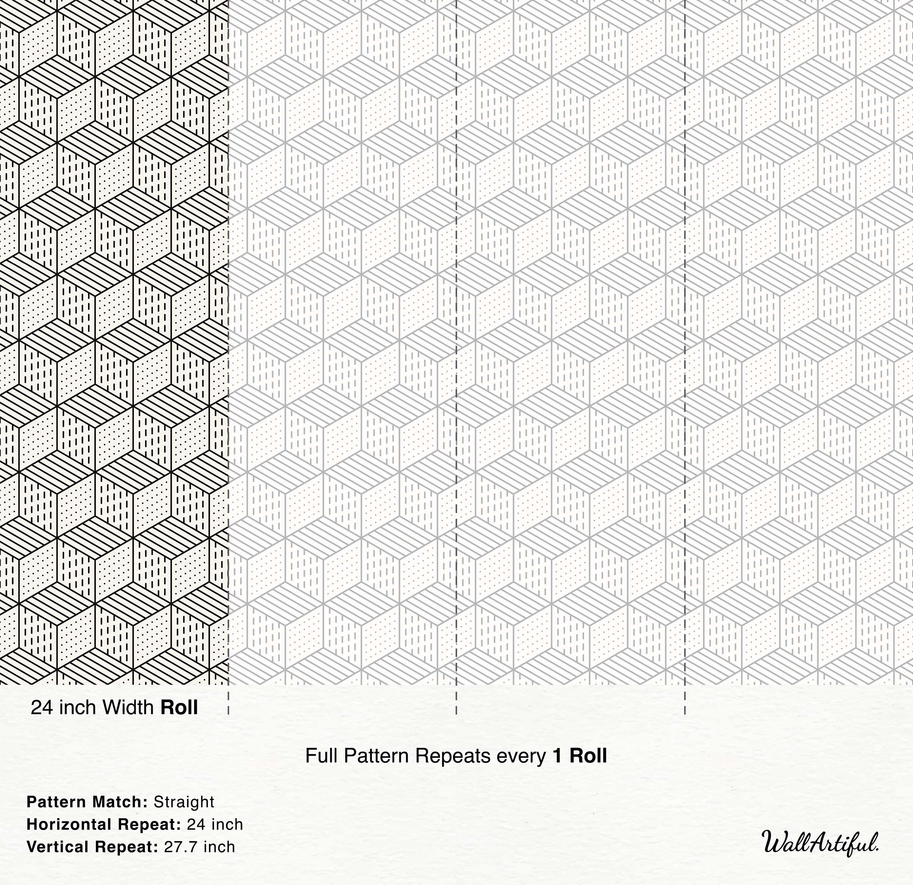 Geometric wallpaper featuring isometric cubes with faces patterned in black horizontal lines, vertical dashes, and dots on a beige background.