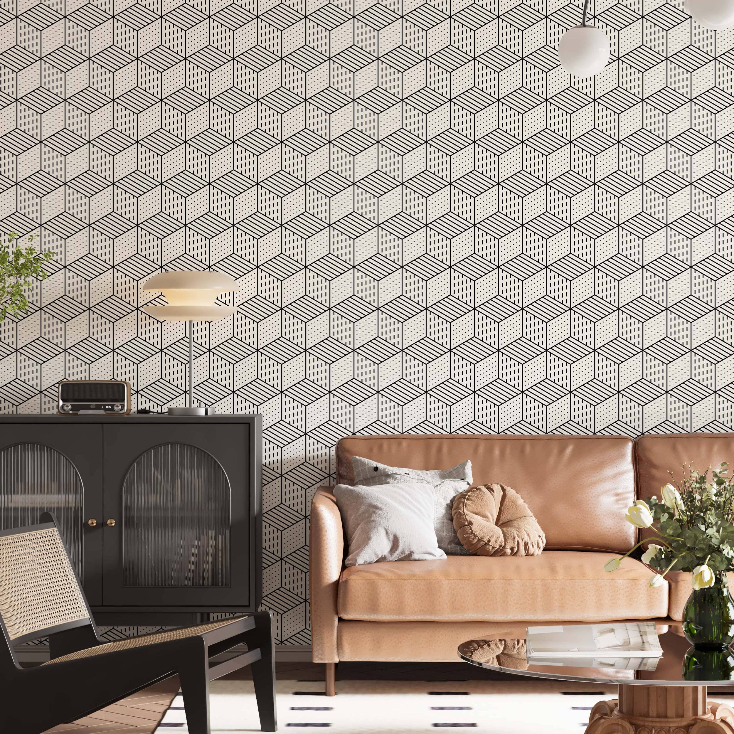 Geometric wallpaper featuring black outlined 3D cubes on a beige background, with dot, dash, and stripe patterns on the faces.