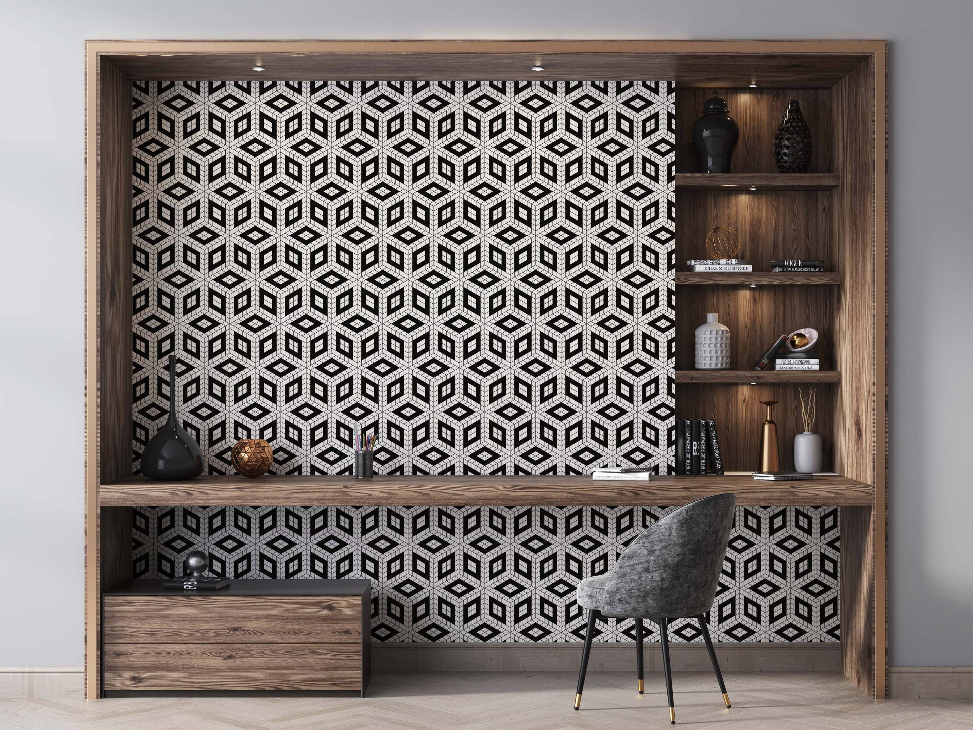 Black and white geometric wallpaper featuring an optical illusion pattern of interlocking cubes formed by diamond shapes.