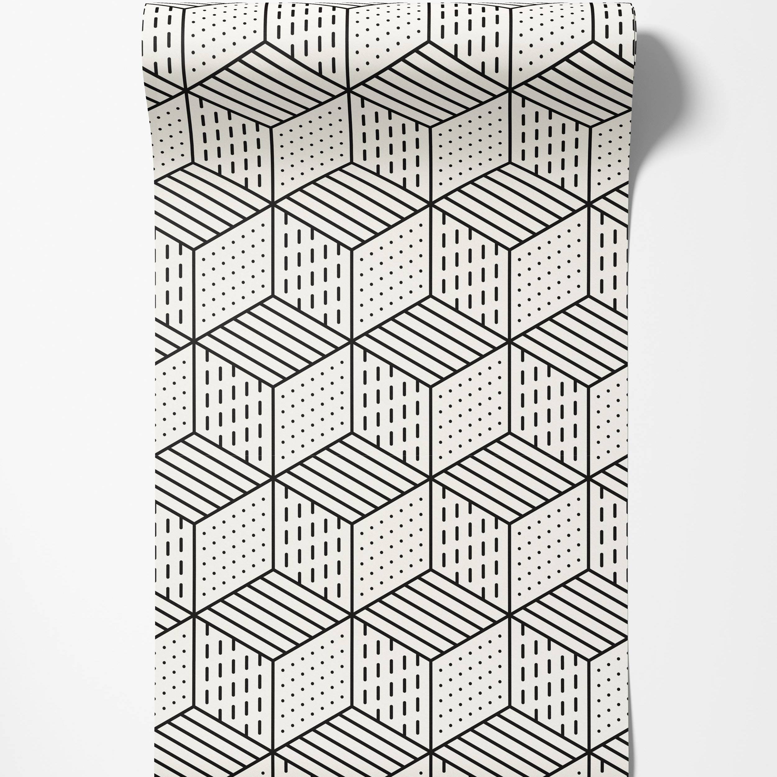 Geometric wallpaper with black isometric cubes on off-white. Faces feature dots, horizontal lines, and vertical dashes.