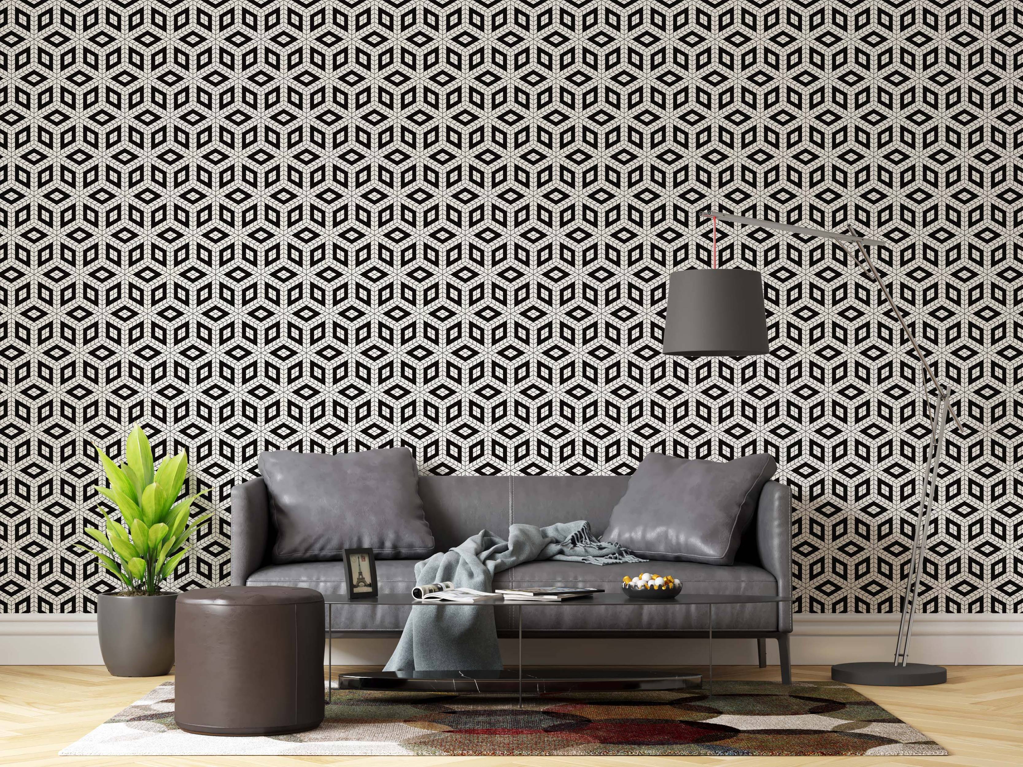 Geometric wallpaper featuring black outlined rhombuses on an off-white background, creating a repeating 3D cube optical illusion.
